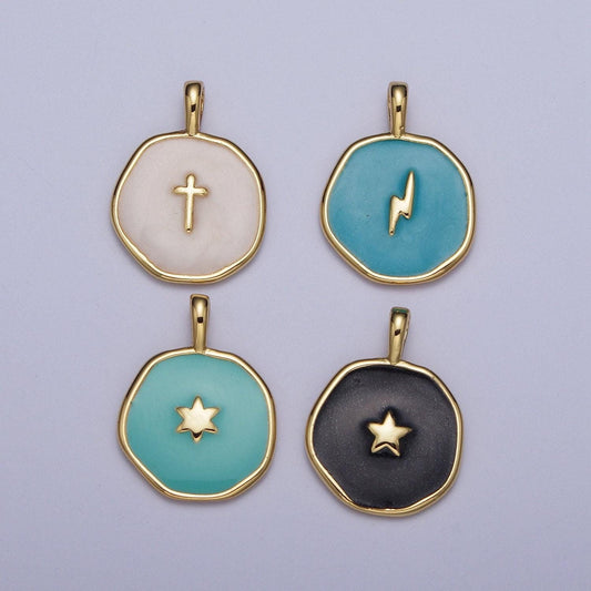 Enamel gold celestial star, religious cross, lightning bolt medallion round charm for jewelry making | ag024~ag027