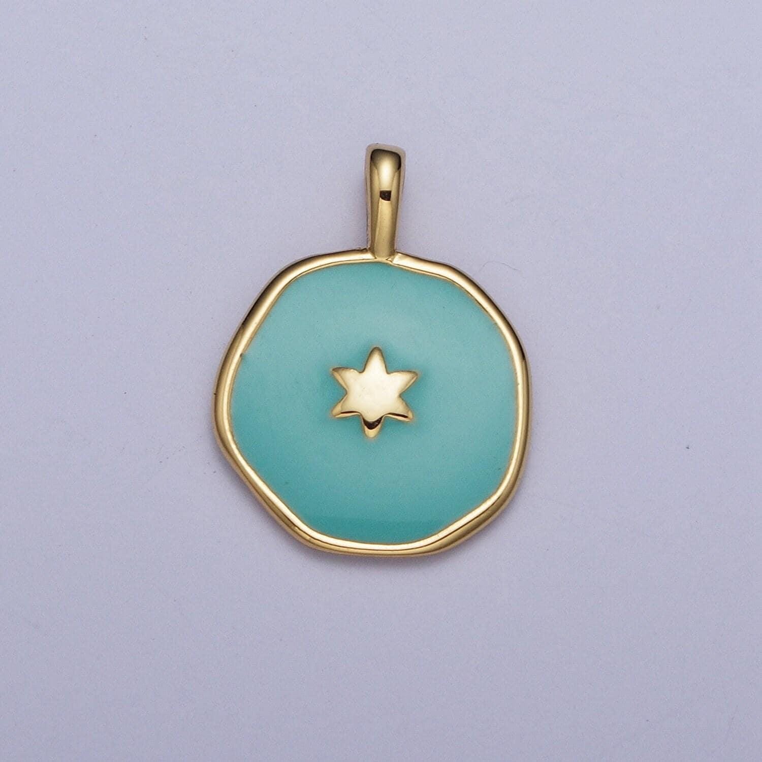 Enamel gold celestial star, religious cross, lightning bolt medallion round charm for jewelry making | ag024~ag027