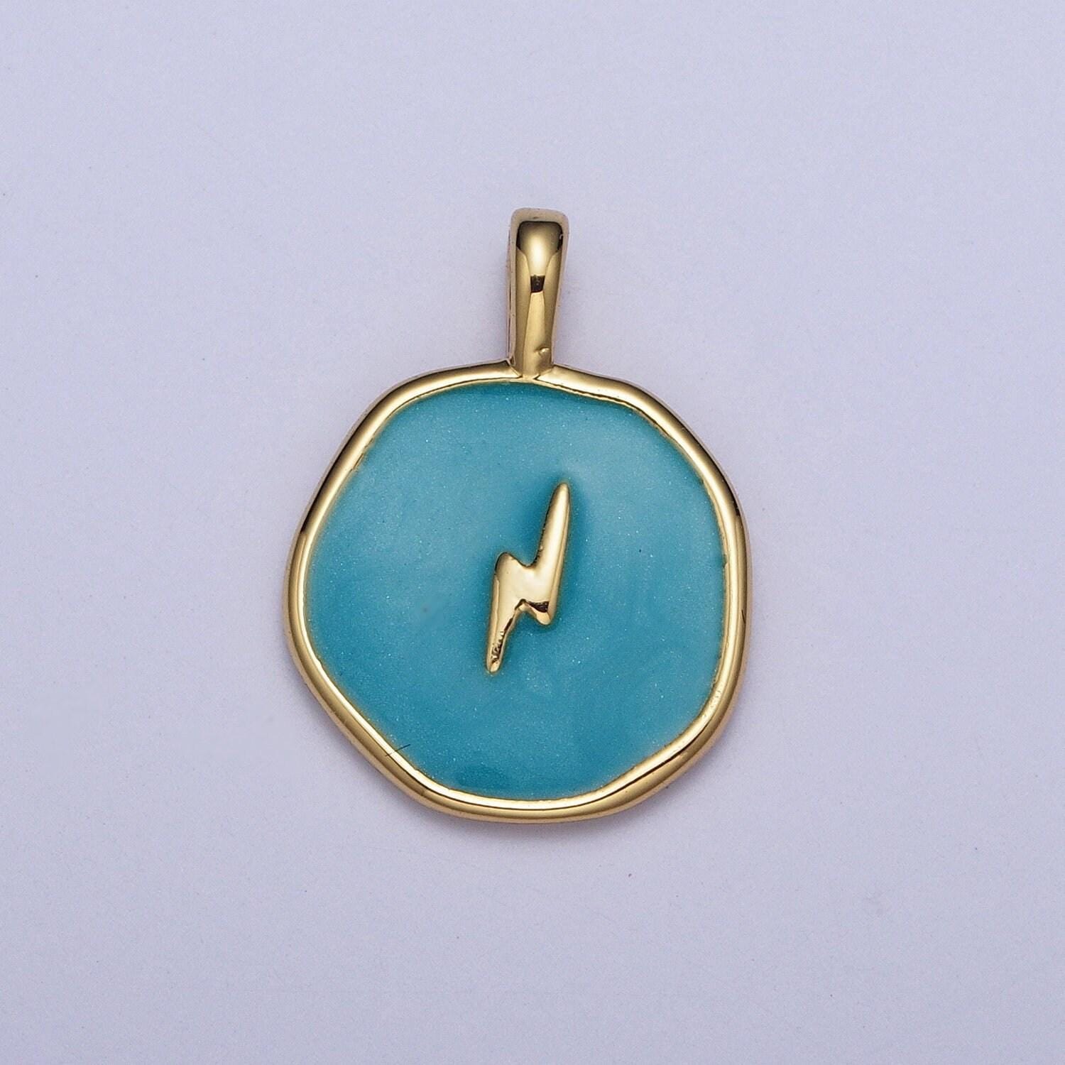 Enamel gold celestial star, religious cross, lightning bolt medallion round charm for jewelry making | ag024~ag027