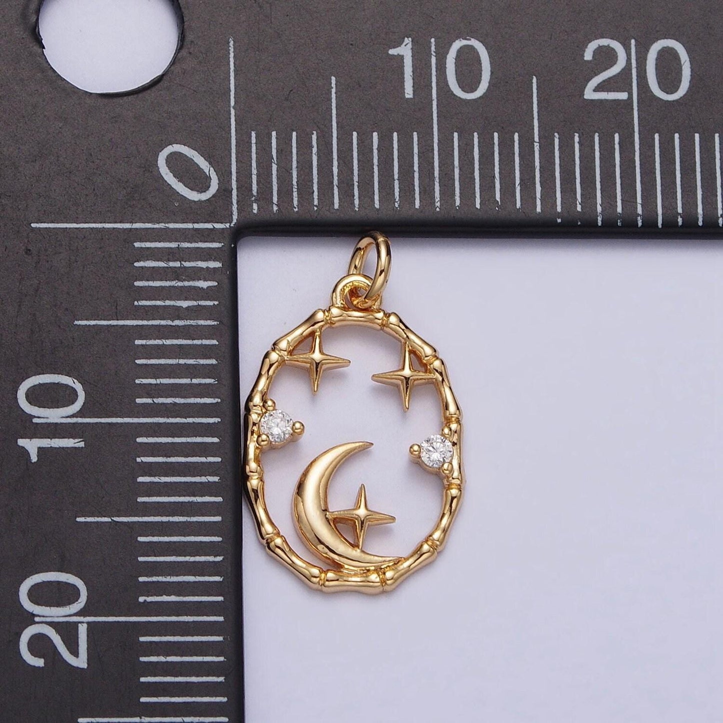 Dainty gold starry night oval charm micro pave cubic zirconia star charm, moon and stars charm celestial jewelry supply n-247