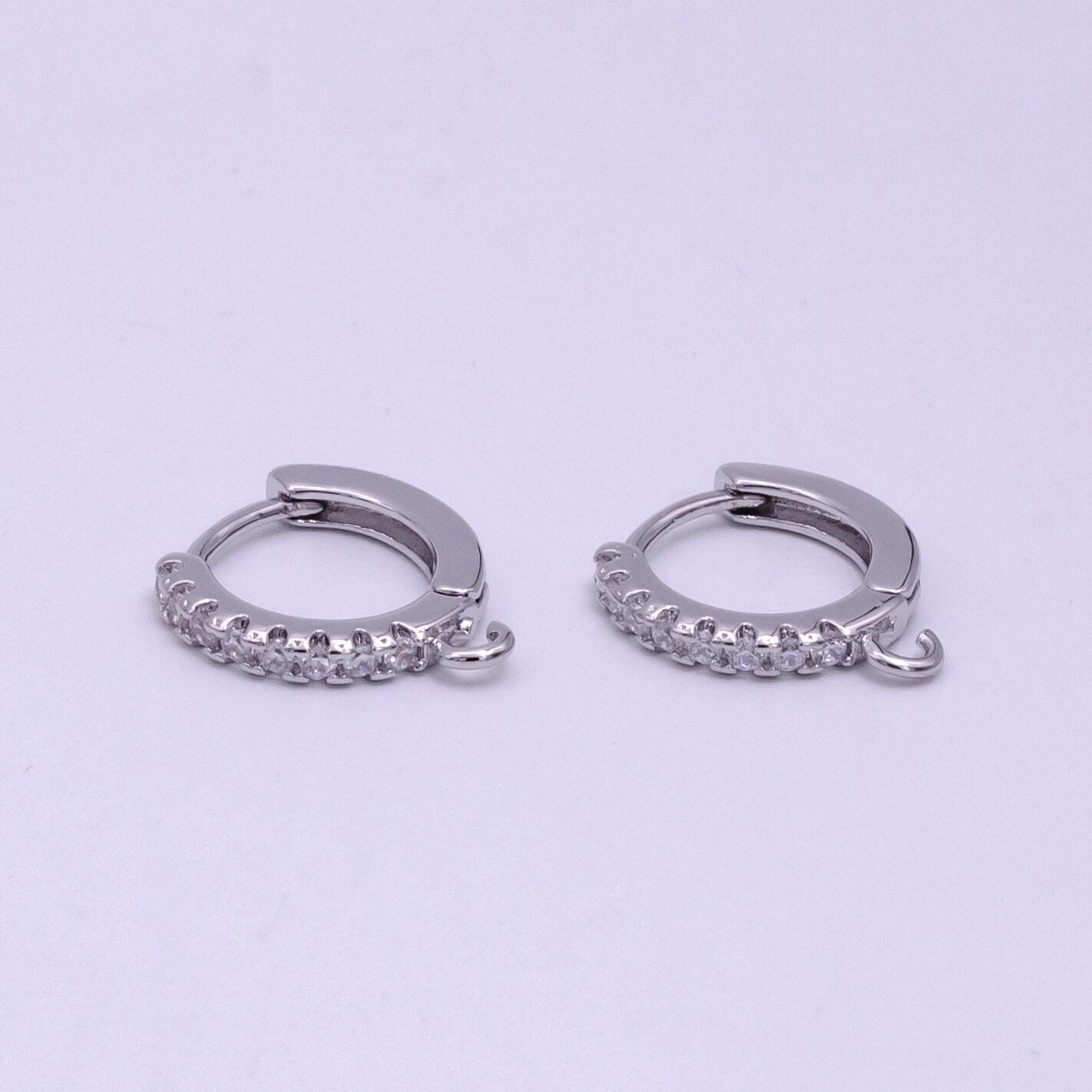 Silver tone clear cubic one touch w/ open link, lead nickel free lever back earring making component cz hoop | k028