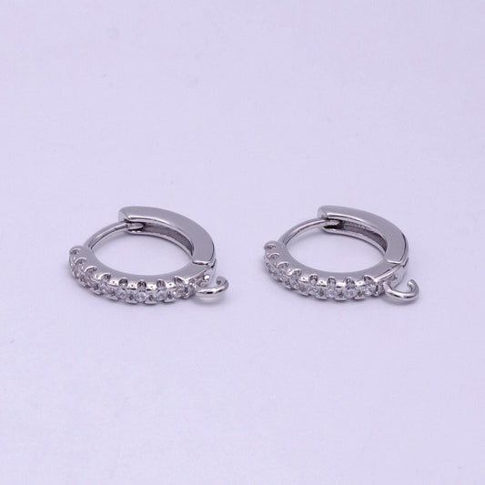 Silver tone clear cubic one touch w/ open link, lead nickel free lever back earring making component cz hoop | k028