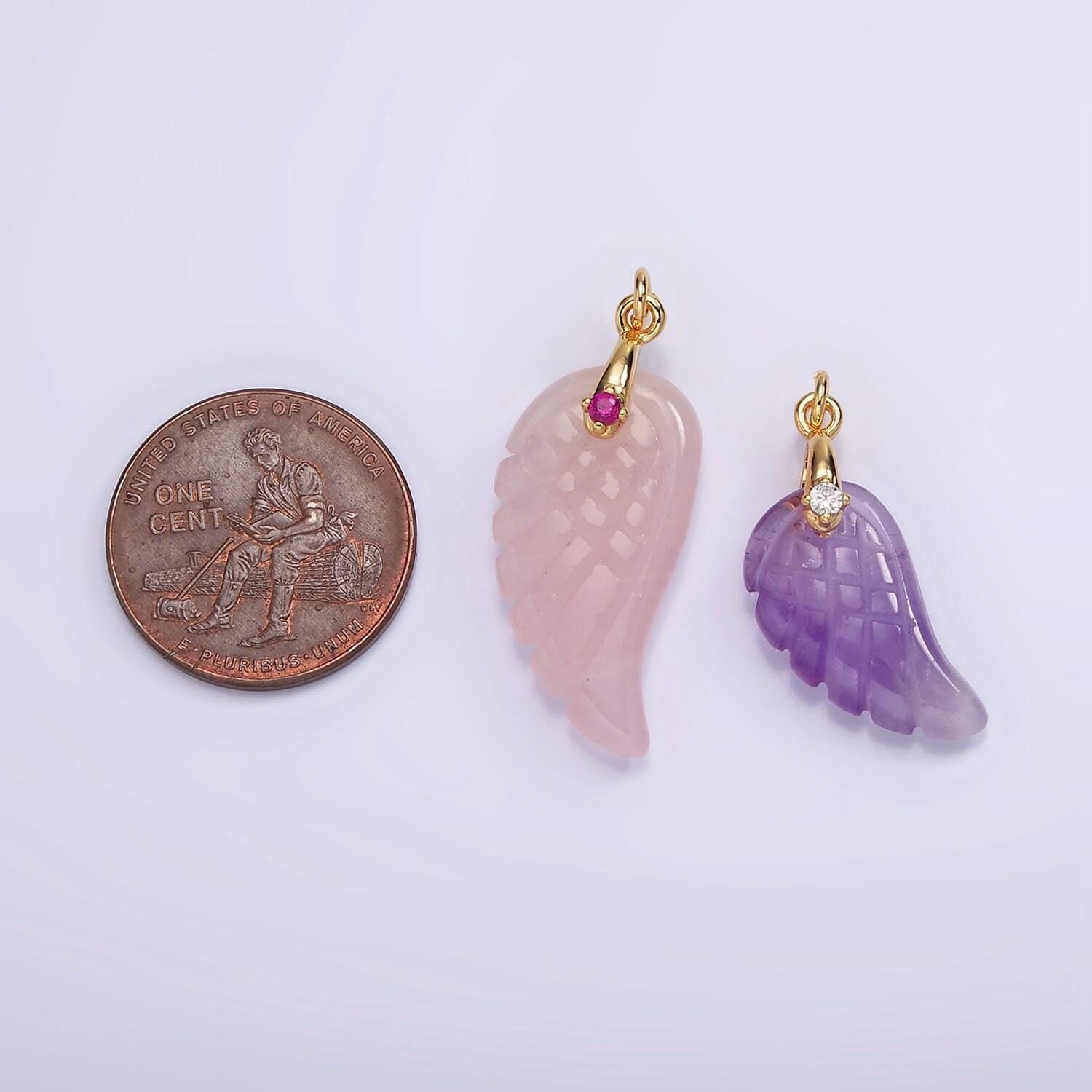 Handmade carved natural pink rose quartz / amethyst / quartz angel wing pendant charm for necklace bracelet component ag297