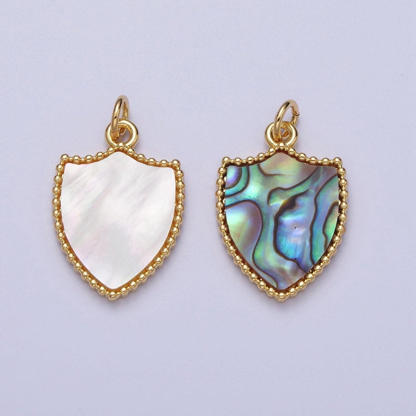 Gold frame pearly white heart pendant, 14k gold filled shell pearl shield medallion charm | e-540 e-543