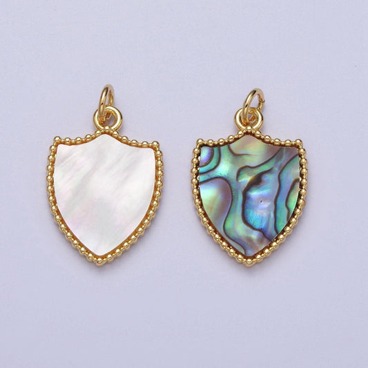 Gold frame pearly white heart pendant, 14k gold filled shell pearl shield medallion charm | e-540 e-543