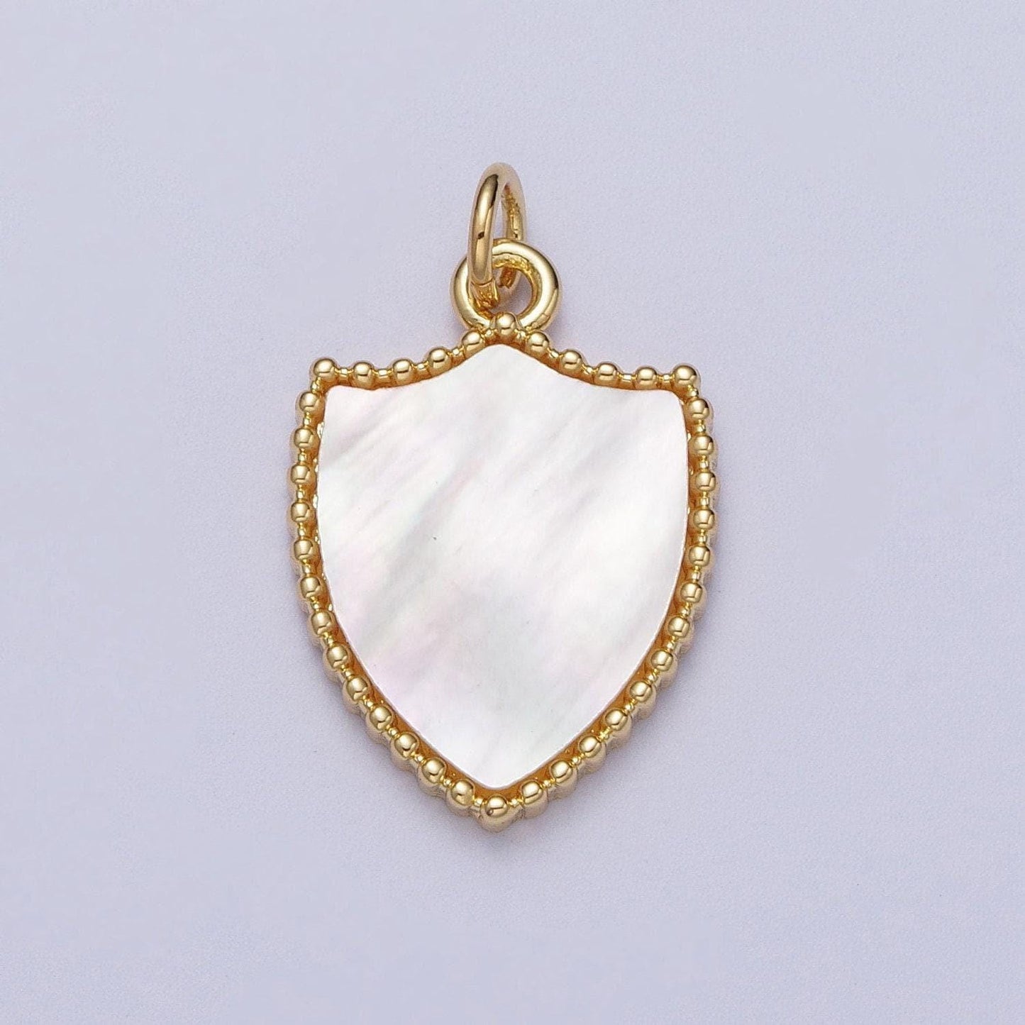 Gold frame pearly white heart pendant, 14k gold filled shell pearl shield medallion charm | e-540 e-543