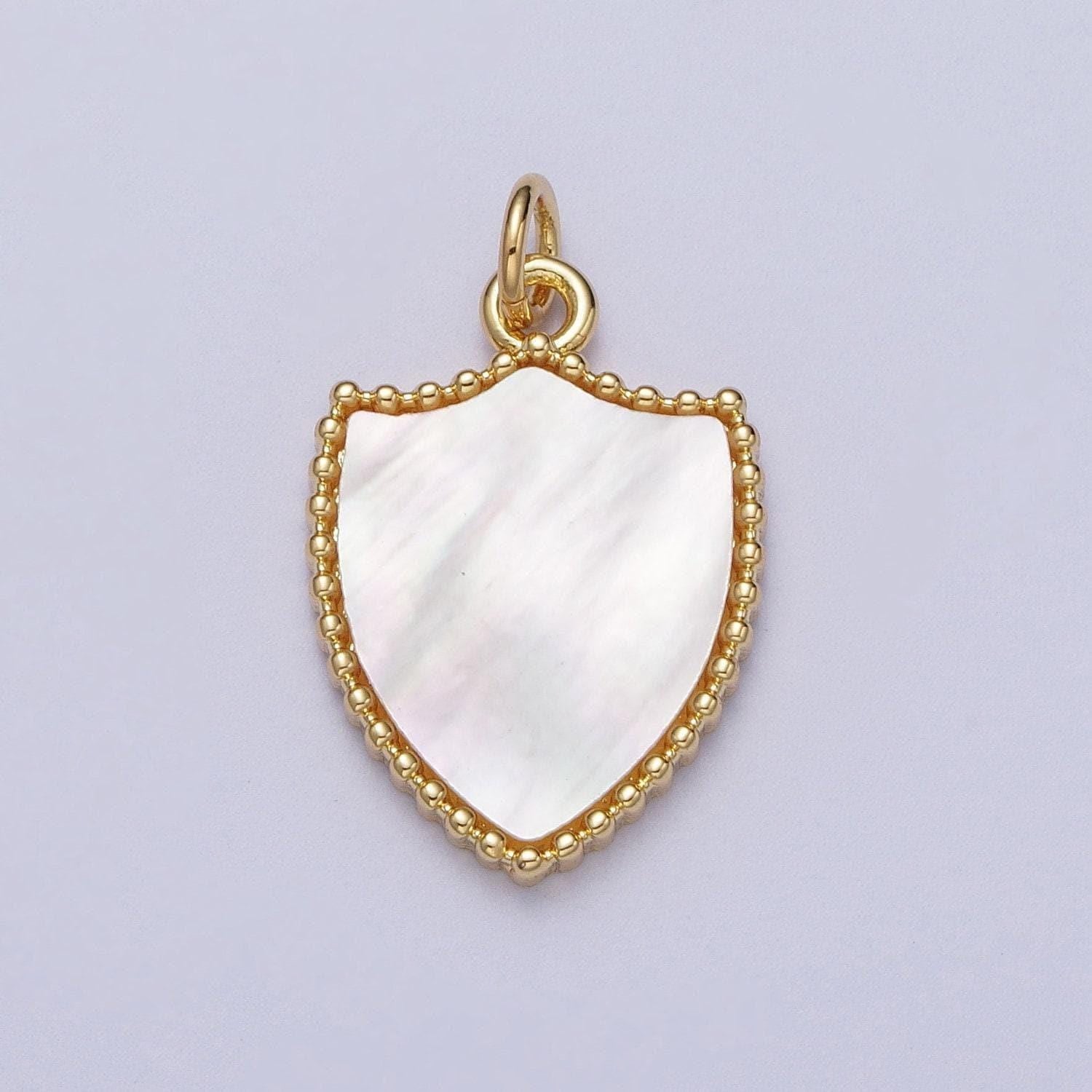 Gold frame pearly white heart pendant, 14k gold filled shell pearl shield medallion charm | e-540 e-543