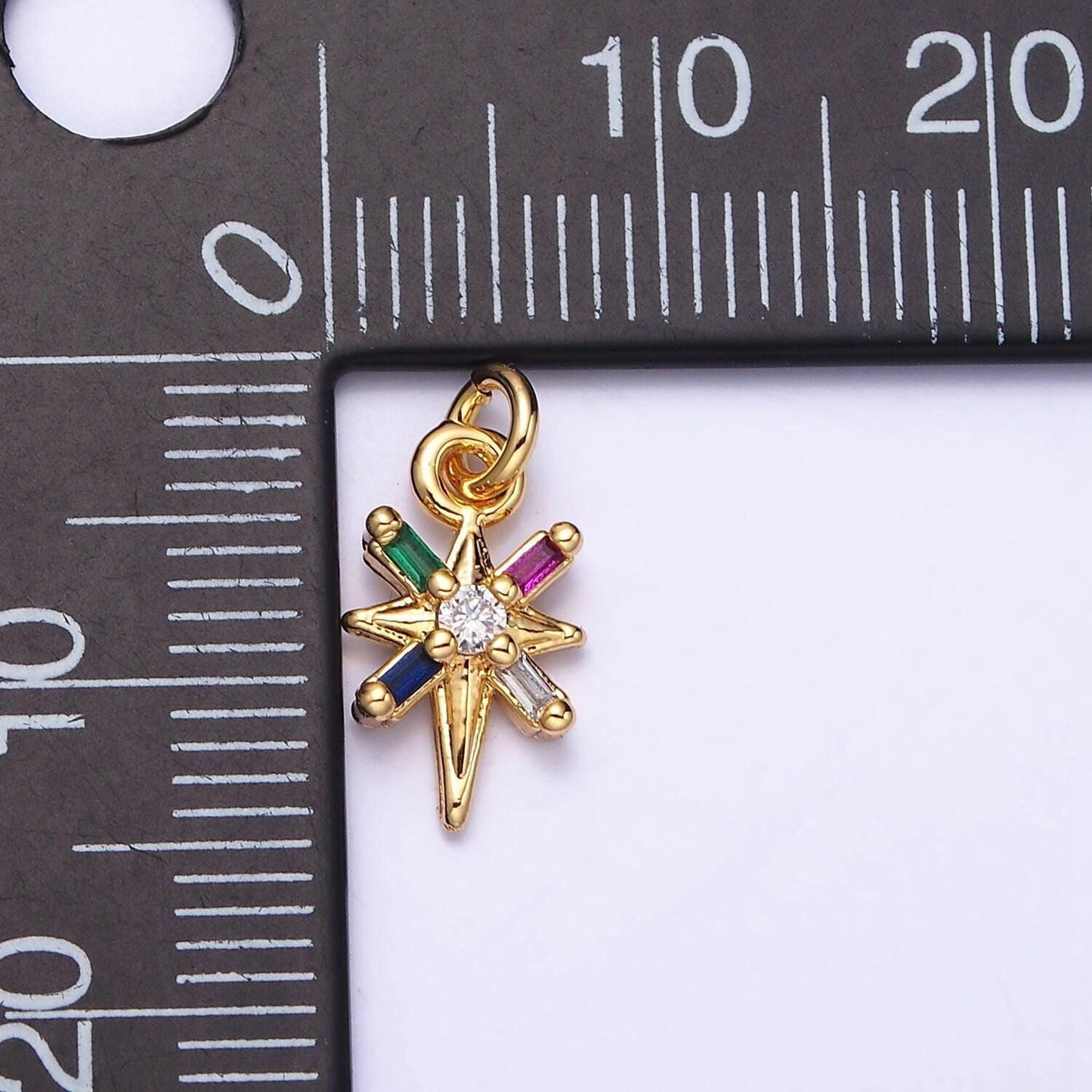 16k gold filled north star celestial multicolor, clear baguette cz charm in gold & silver | ac1296 ac1297
