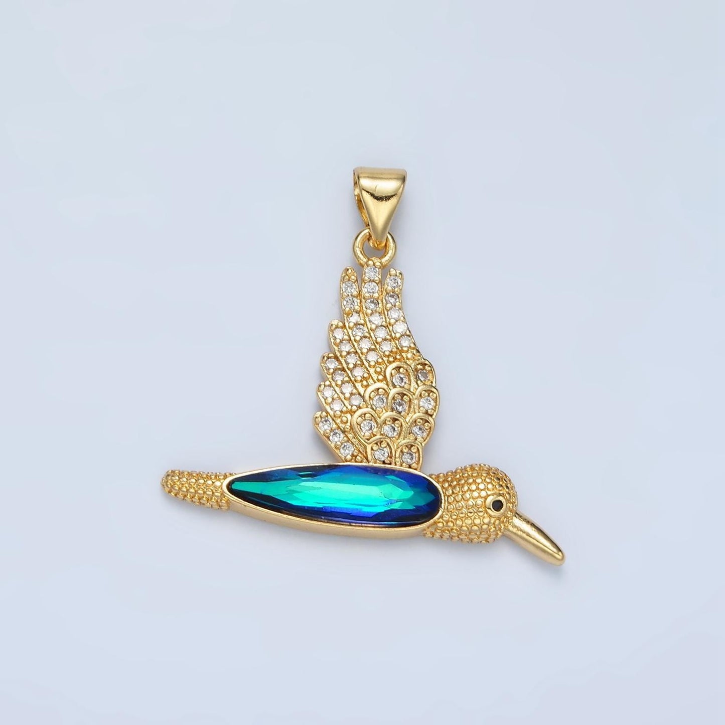 Gold hummingbird charm 24k gold filled humming bird pendant gold blue cz animal jewelry aa905