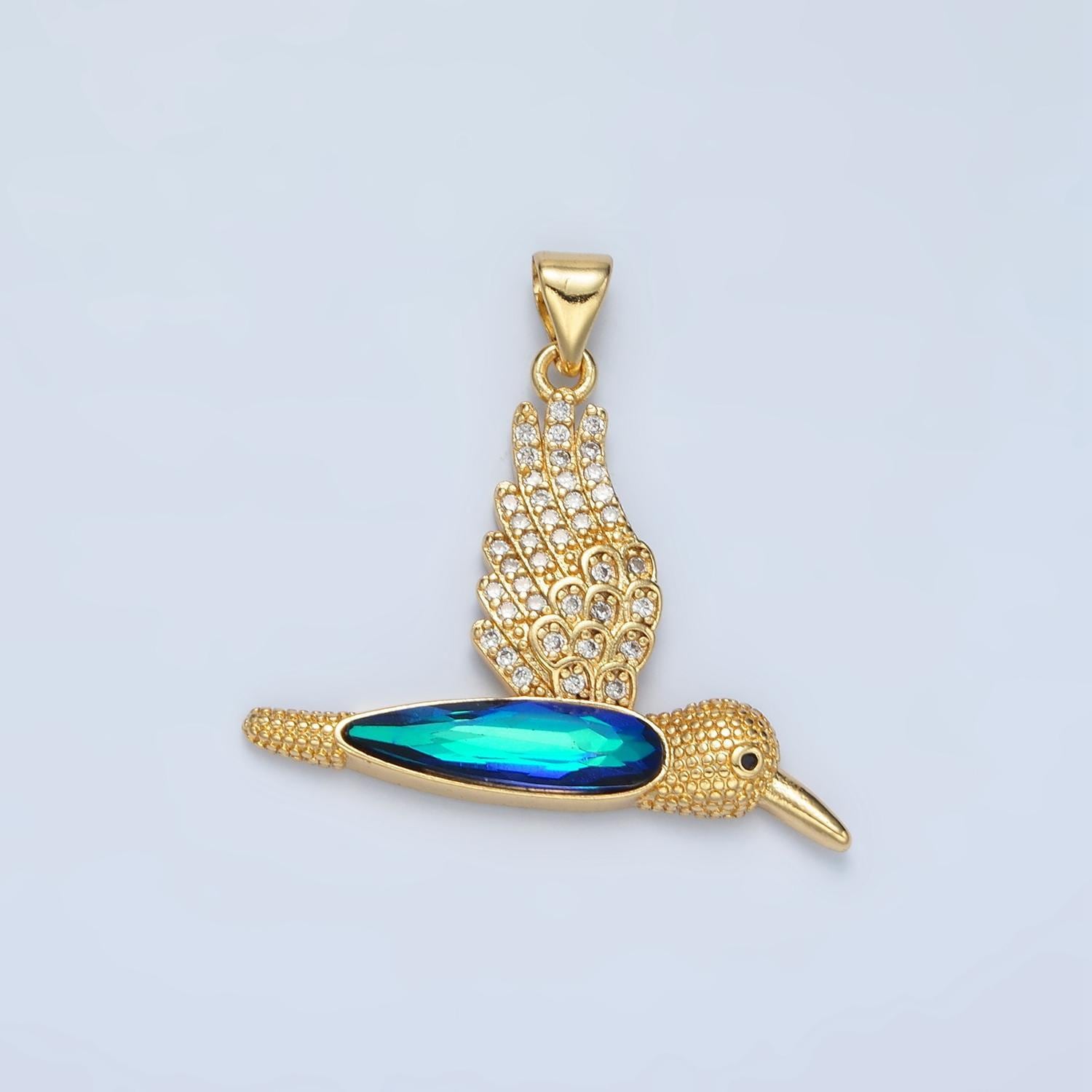 Gold hummingbird charm 24k gold filled humming bird pendant gold blue cz animal jewelry aa905