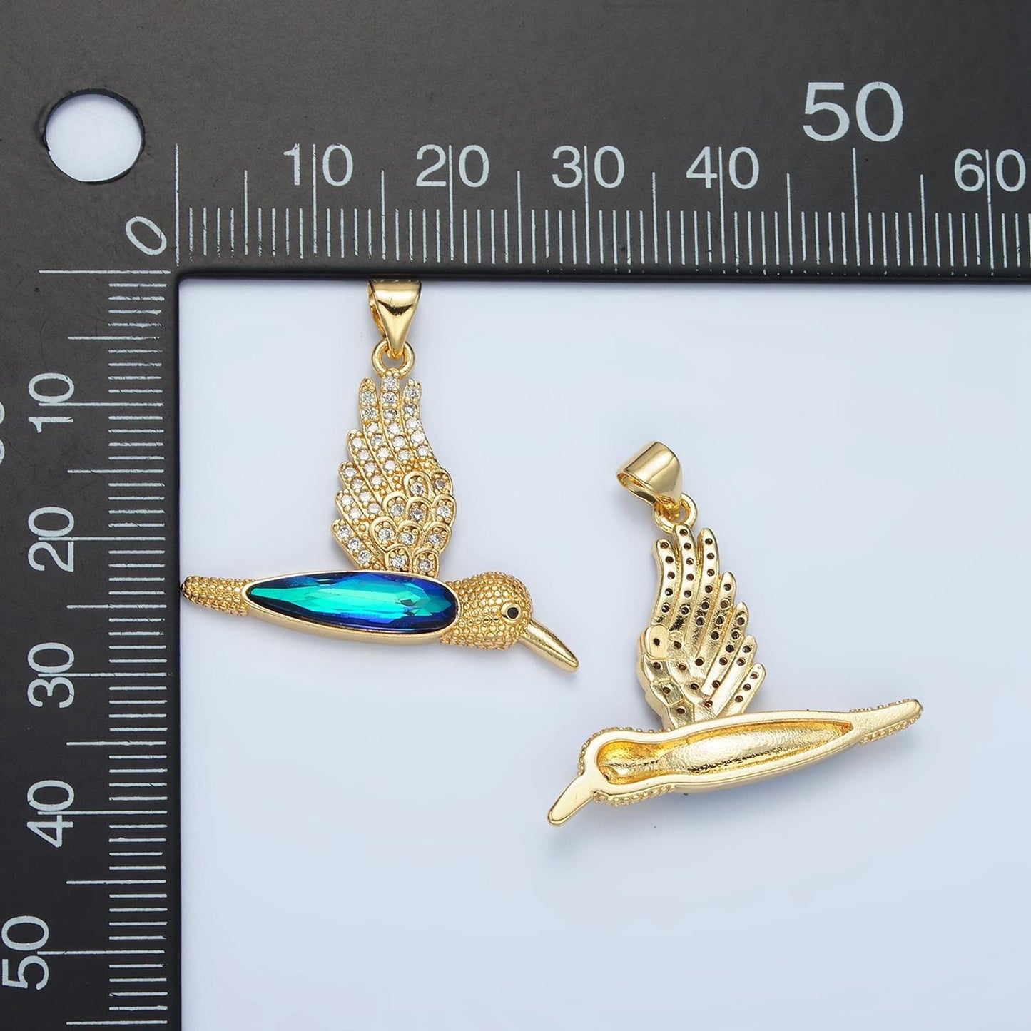 Gold hummingbird charm 24k gold filled humming bird pendant gold blue cz animal jewelry aa905