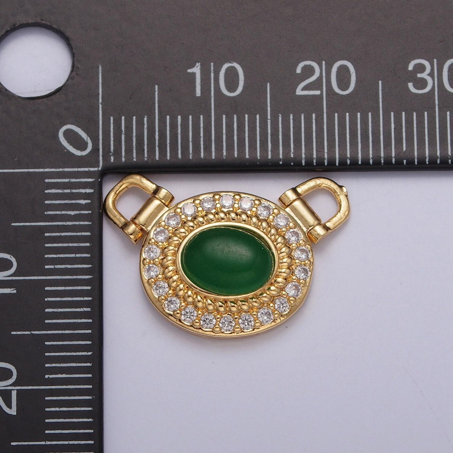 24k gold plated dainty emerald green oval micro pave cz twisted edge connector charm, gold connector for necklace, bracelet, earring | g-913