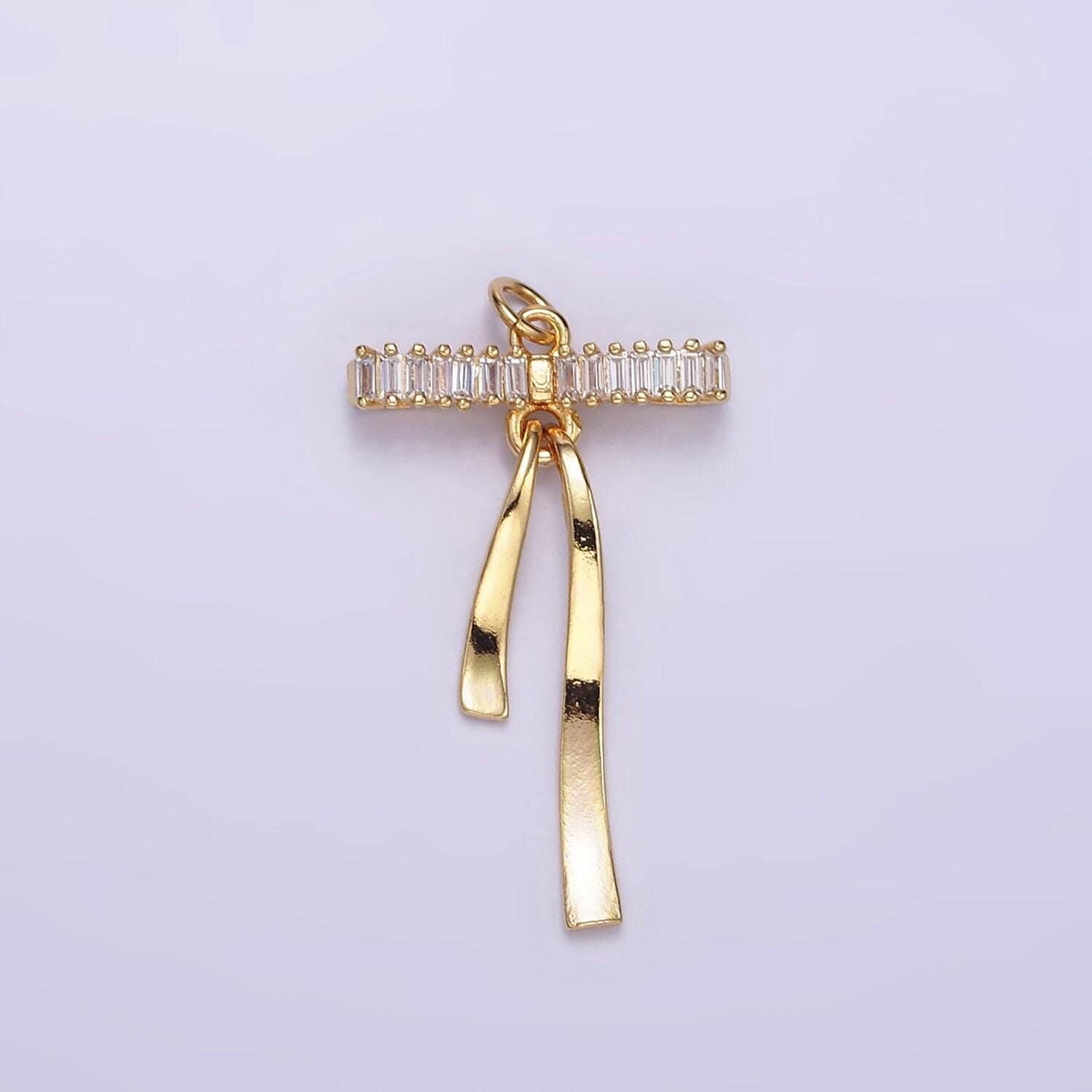 18k gold filled bow charm baguette cz ribbon pendant, diy fashion jewelry making supply for necklace, bracelet m113
