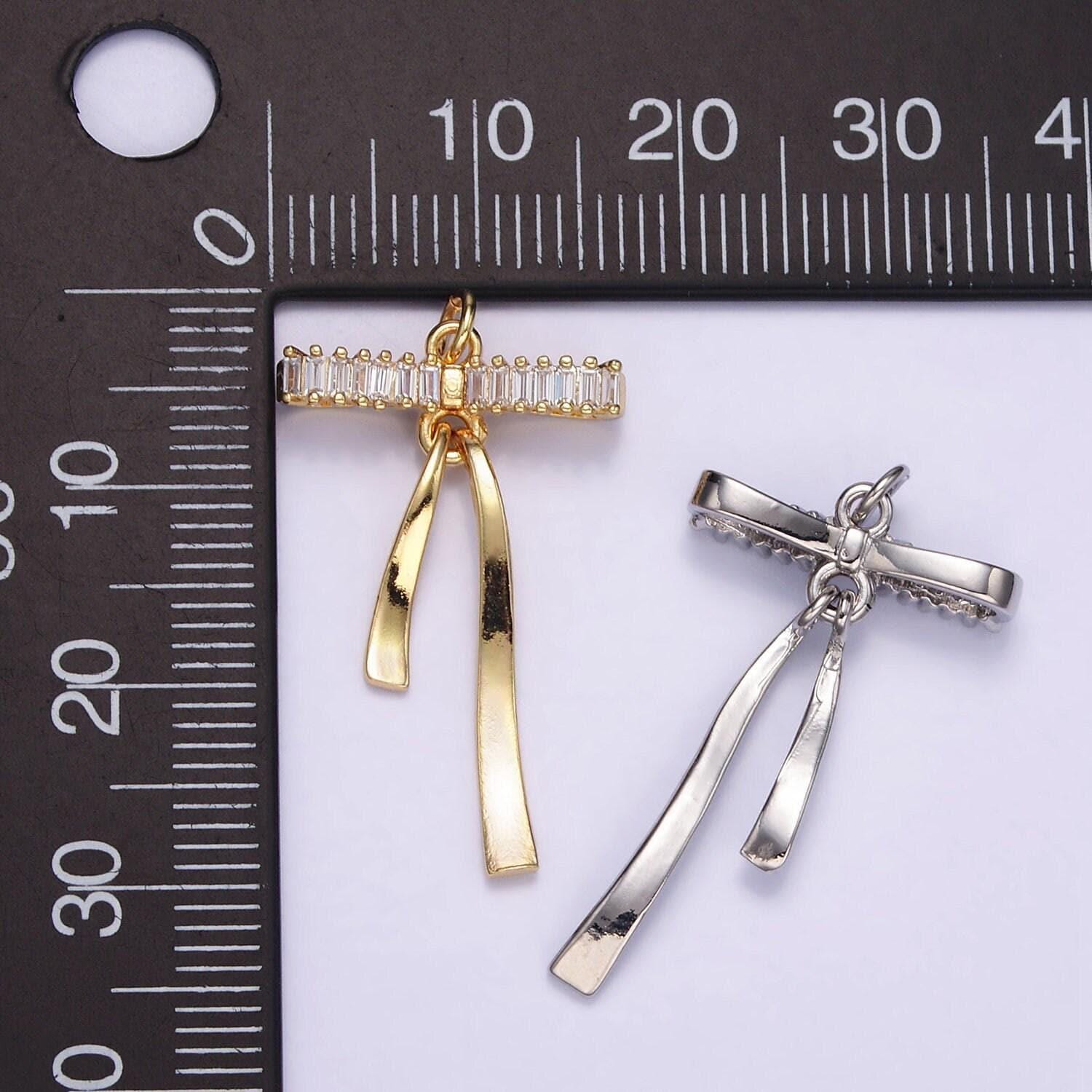 18k gold filled bow charm baguette cz ribbon pendant, diy fashion jewelry making supply for necklace, bracelet m113