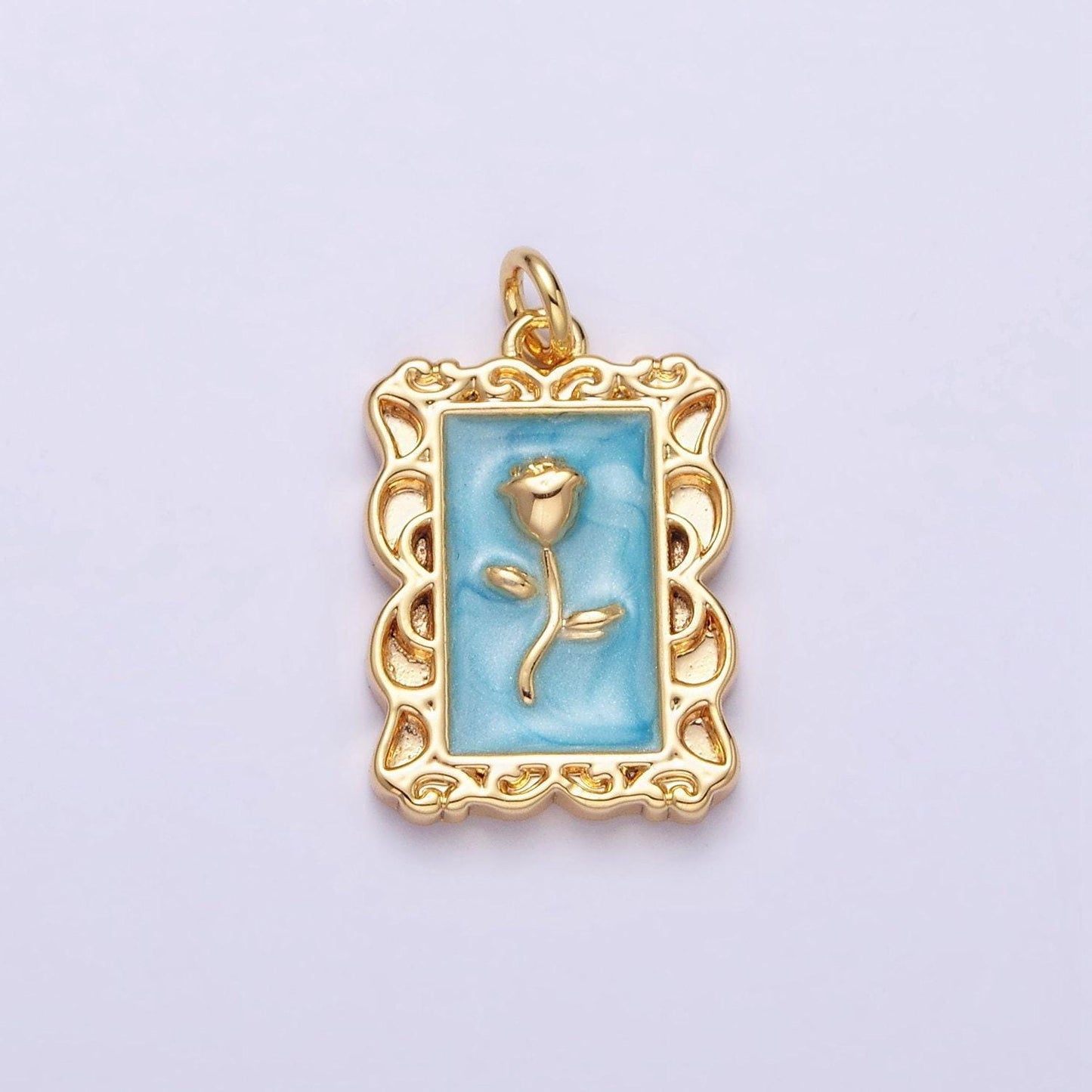 16k gold filled rose flower white, blue, pink sparkly enamel rectangular charm in gold & silver | ac1350 - ac1355