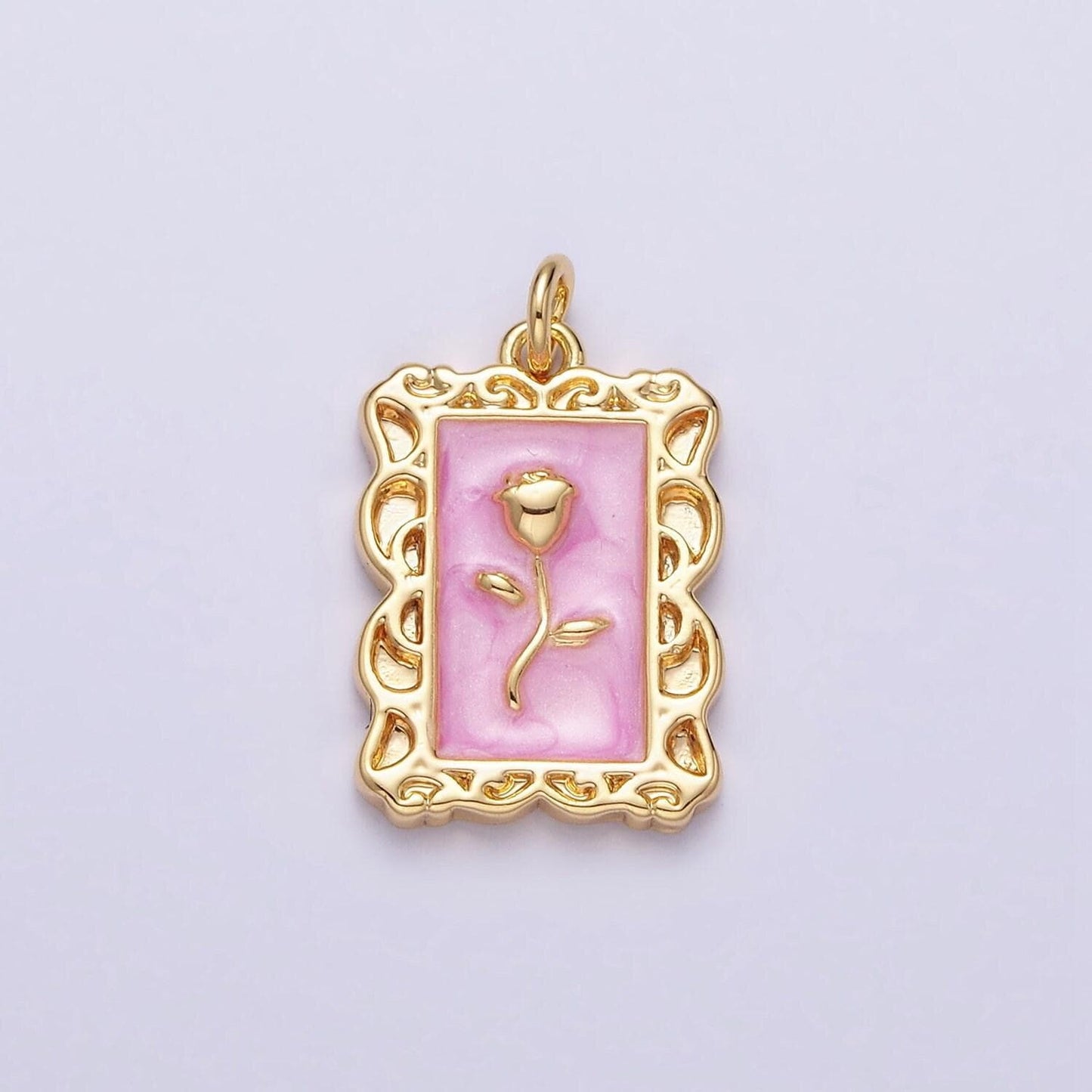 16k gold filled rose flower white, blue, pink sparkly enamel rectangular charm in gold & silver | ac1350 - ac1355