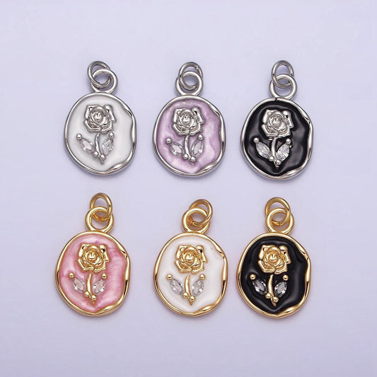 Gold rose flower charms enamel floral charm with cubic zirconia stone for mothers days gift idea anniversary gift minimalist jewelry ac1081