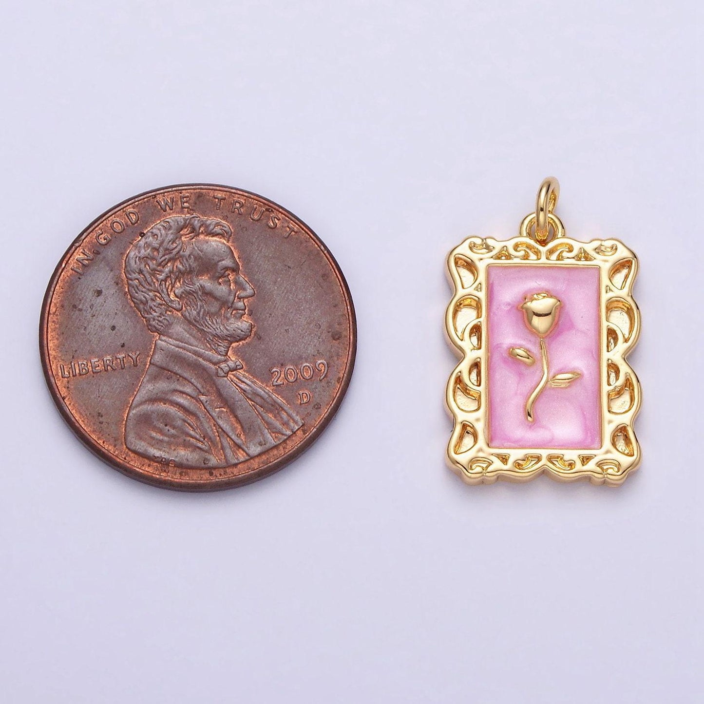 16k gold filled rose flower white, blue, pink sparkly enamel rectangular charm in gold & silver | ac1350 - ac1355