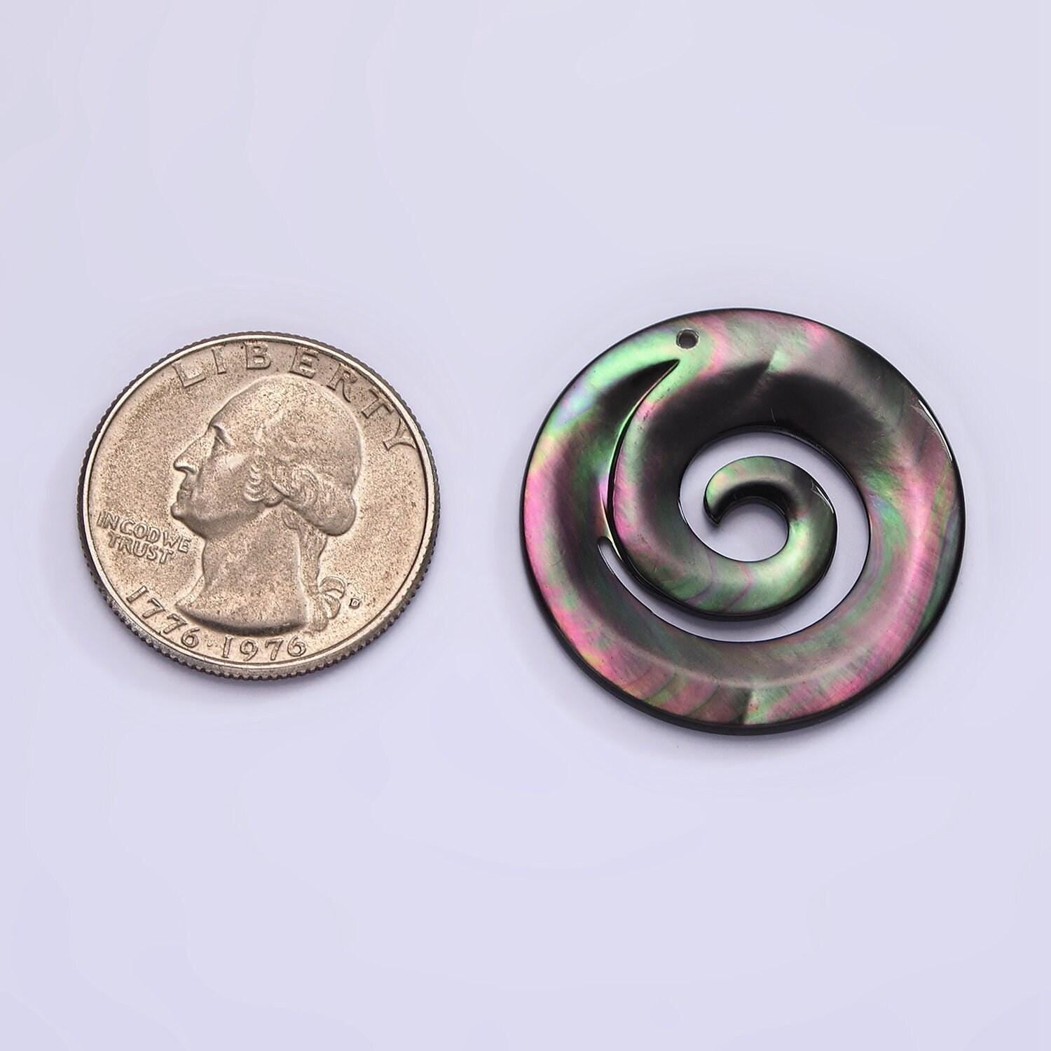 1x abalone shell round swirl pendants, green hue abalone coin charm spiral wave beach inspired for necklace earring supply 30mm size