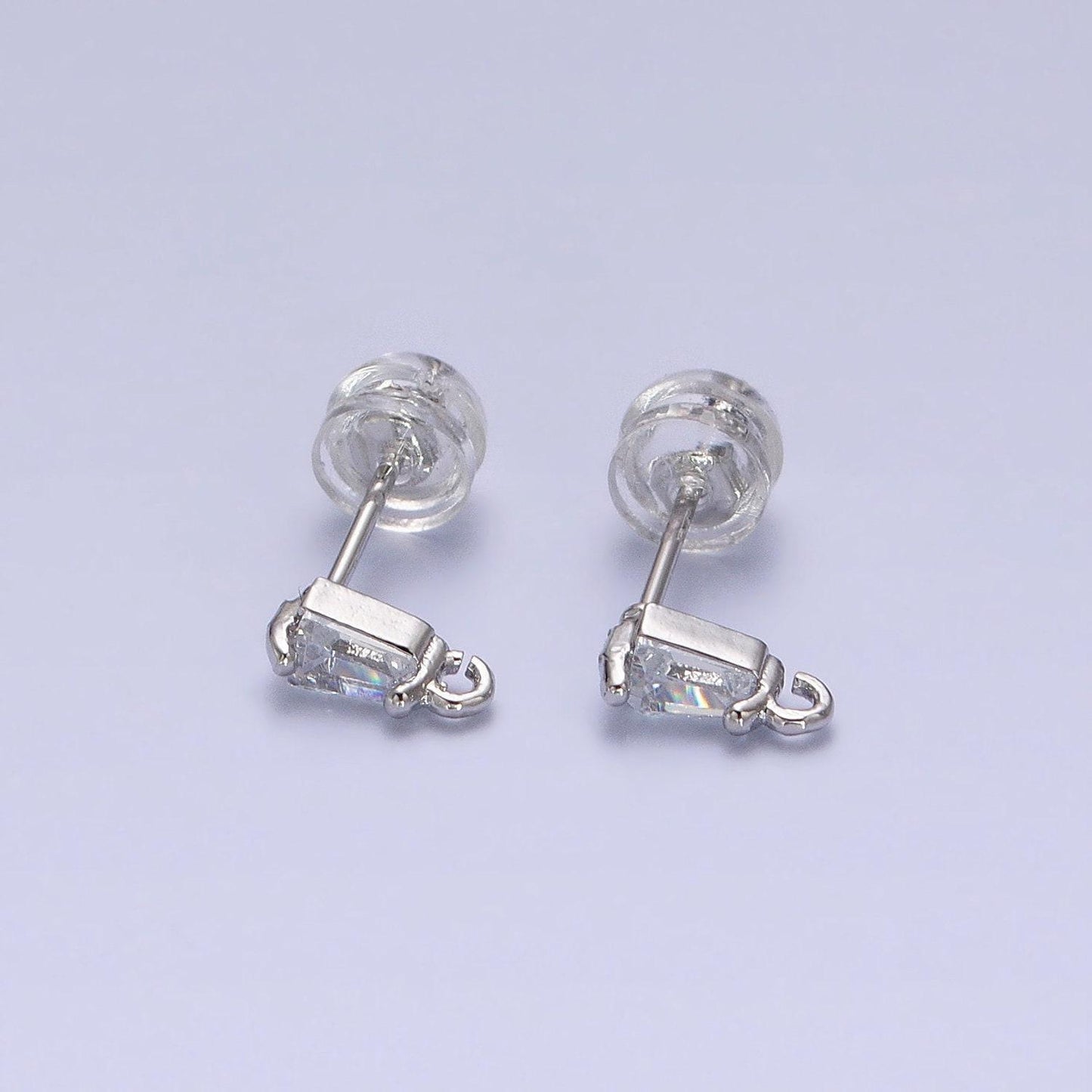 Tiny baguette cz cubic earring post w/ open link, nickel free 9x3mm design 16k gold plated brass, cz, earring making post 1 pair z176