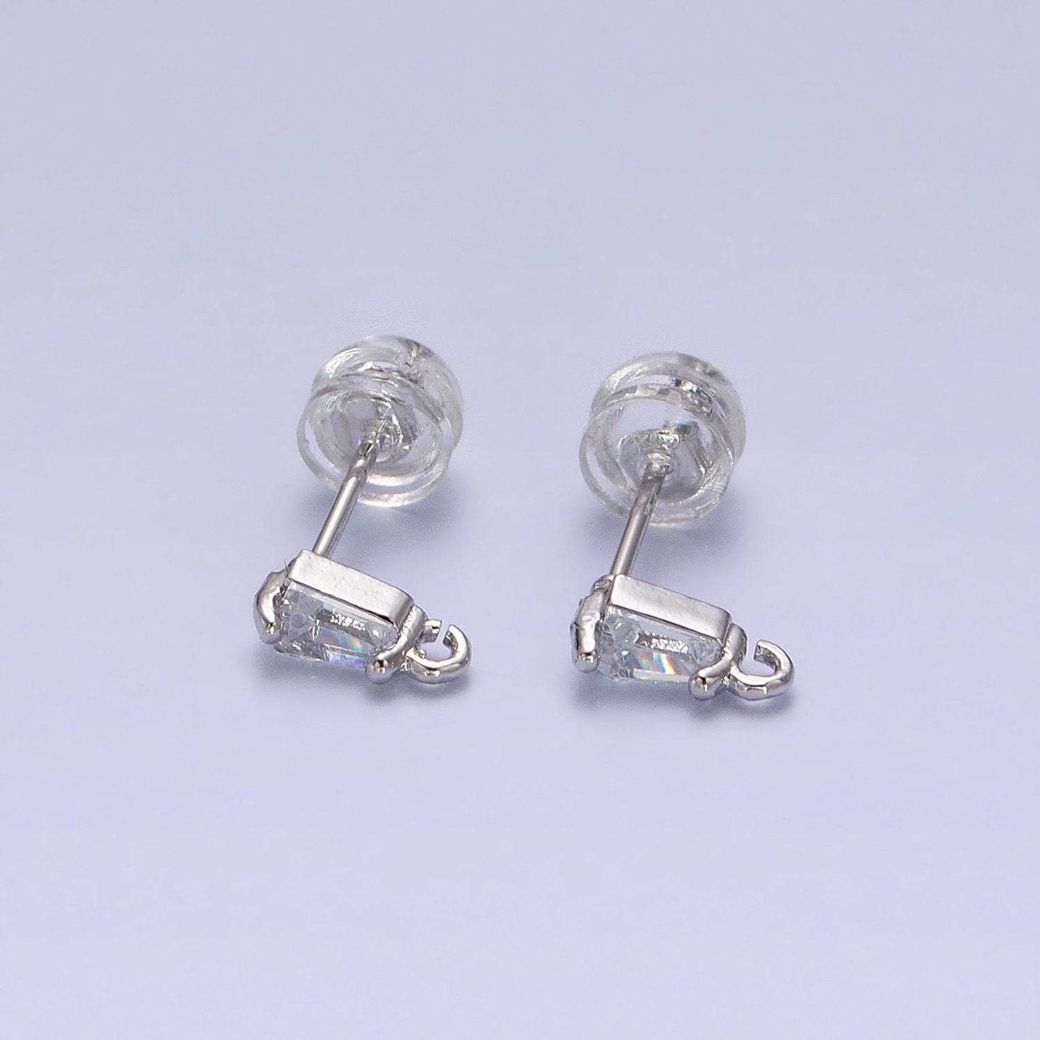 Tiny baguette cz cubic earring post w/ open link, nickel free 9x3mm design 16k gold plated brass, cz, earring making post 1 pair z176
