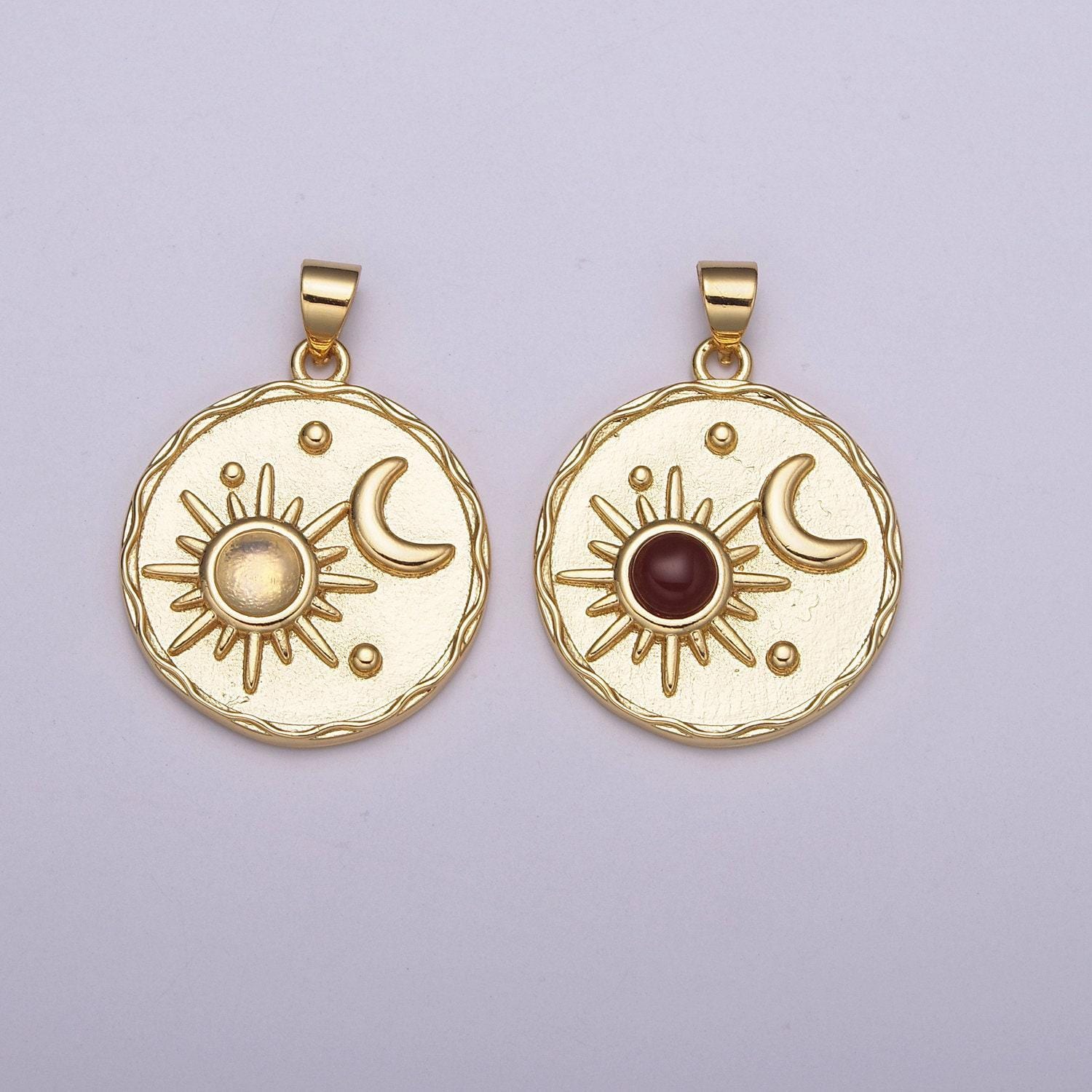Gold star moonstone, red agate moon round circle charm medallion coin round geometric pendant for minimalist jewelry necklace,n-512 ~ n-513