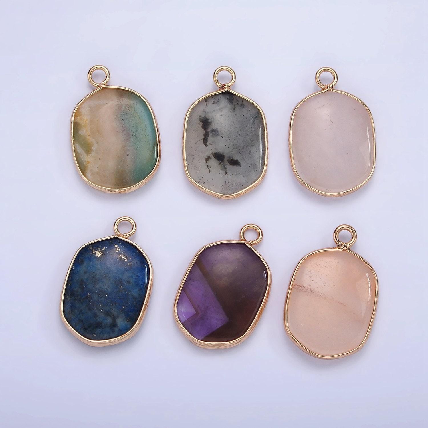 14k gold filled natural gemstone multifaceted oval bezel charm | n1673-n1677 , n1699