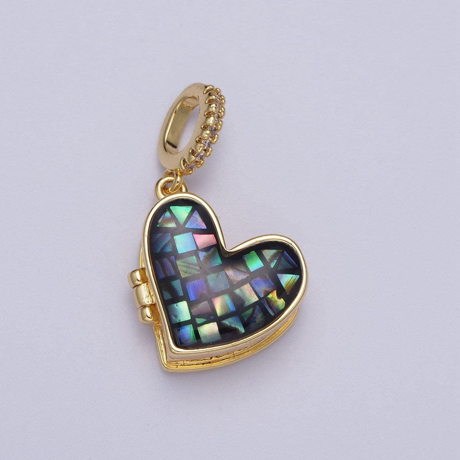 Gold heart pendant marian cross abalone, green, pink, white, shell opal love locket pendant h-106