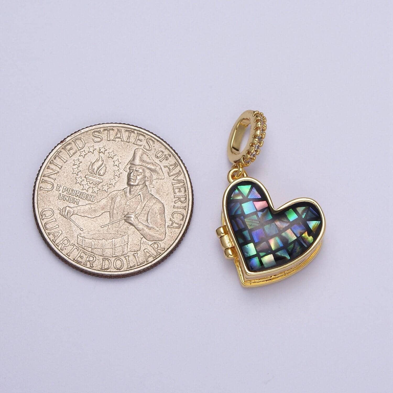 Gold heart pendant marian cross abalone, green, pink, white, shell opal love locket pendant h-106