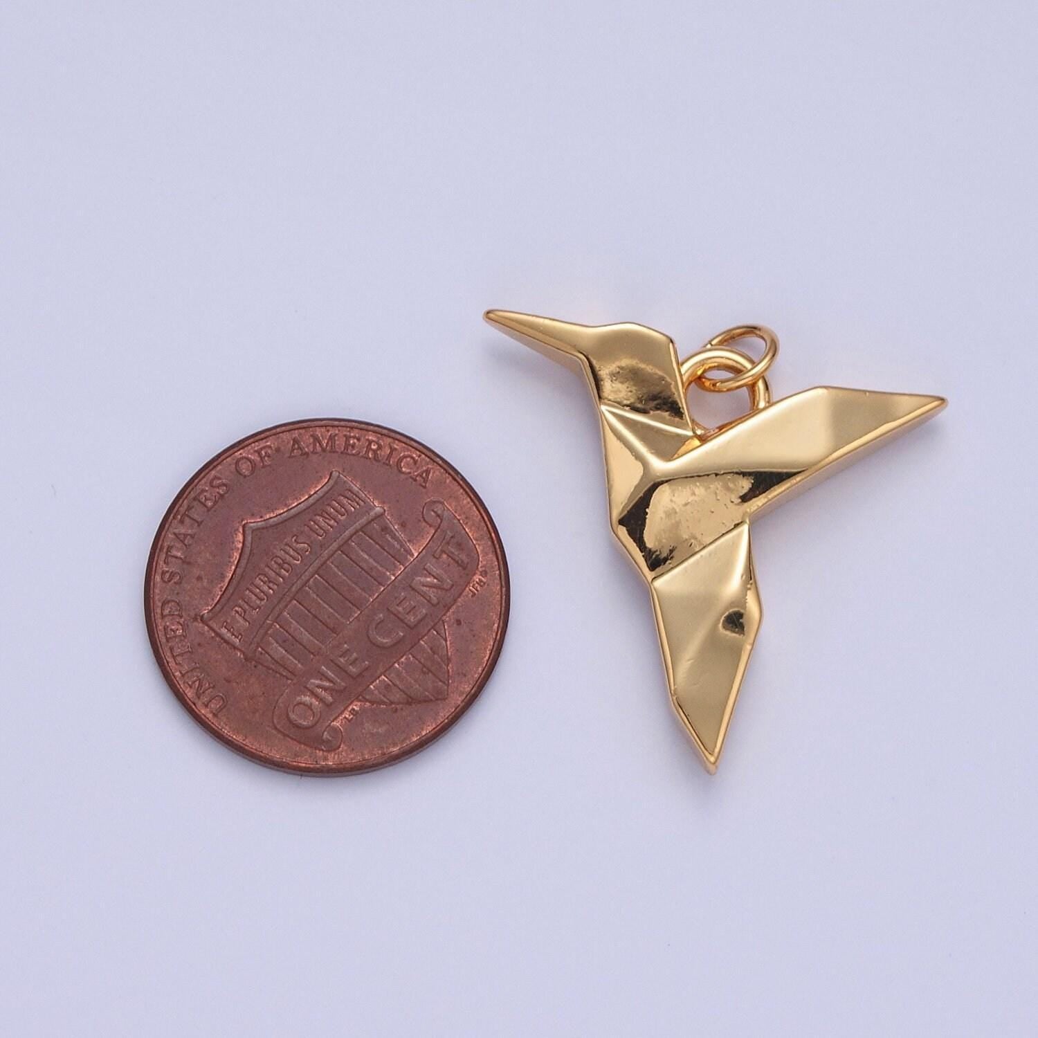 24k gold filled simple paper origami hummingbird pendant, minimalistic bird charms for diy jewelry | x-077
