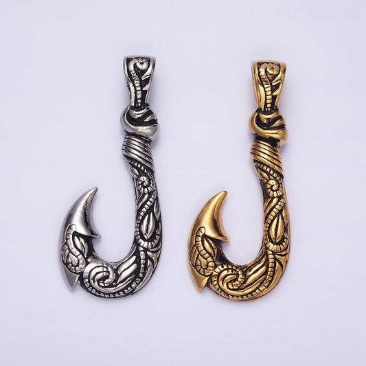 Stainless steel 47mm fish j-hook vine engraved pendant in silver & gold | p779