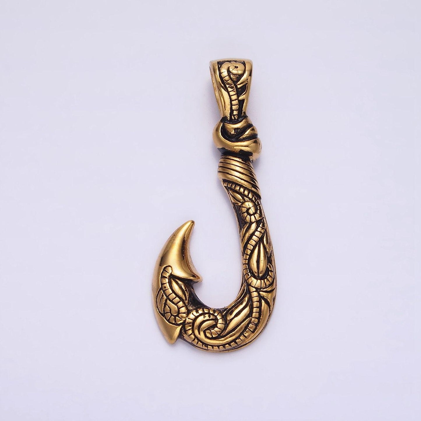 Stainless steel 47mm fish j-hook vine engraved pendant in silver & gold | p779