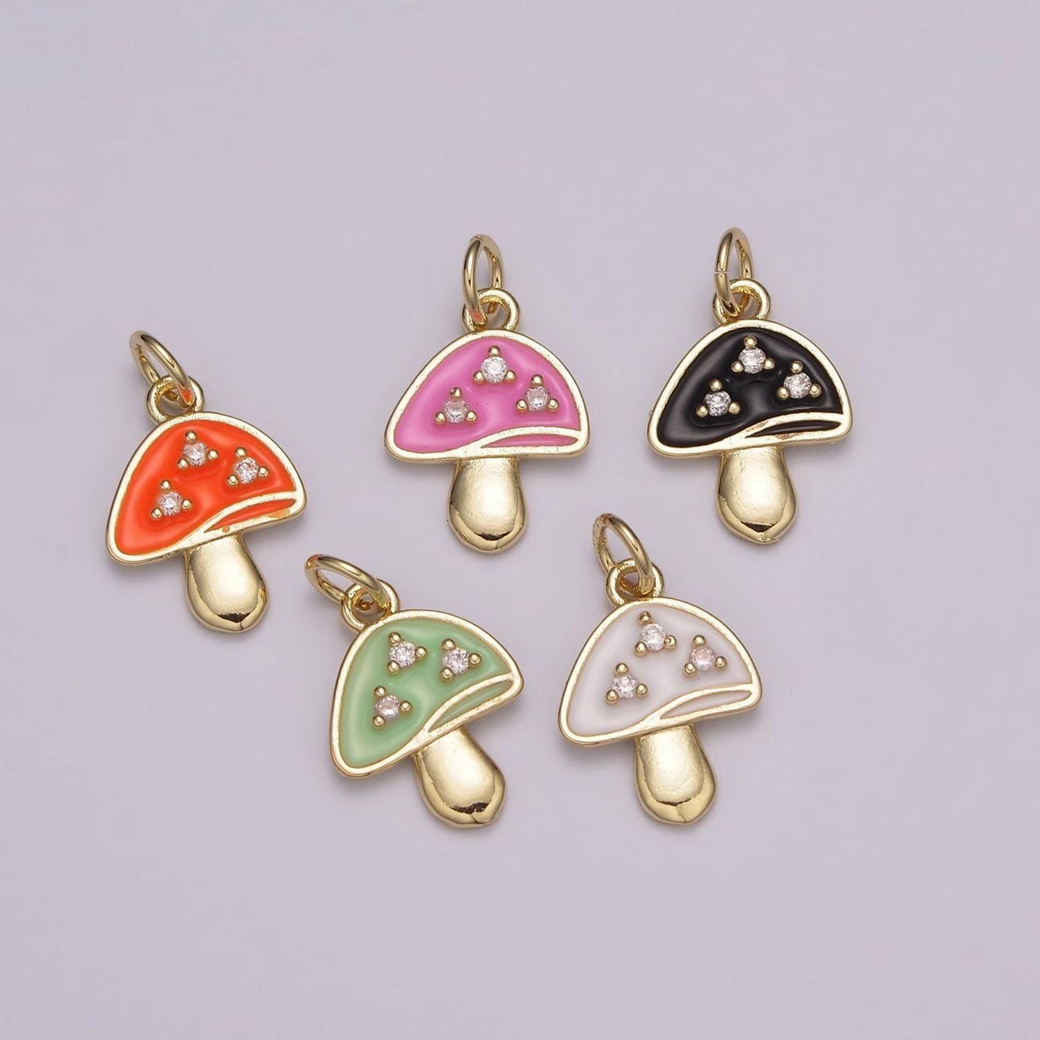 Dainty gold cz mushroom charms, 24k gold plated clear micro paved cz colorful enamel magic mushroom pendant | e-619~e-623