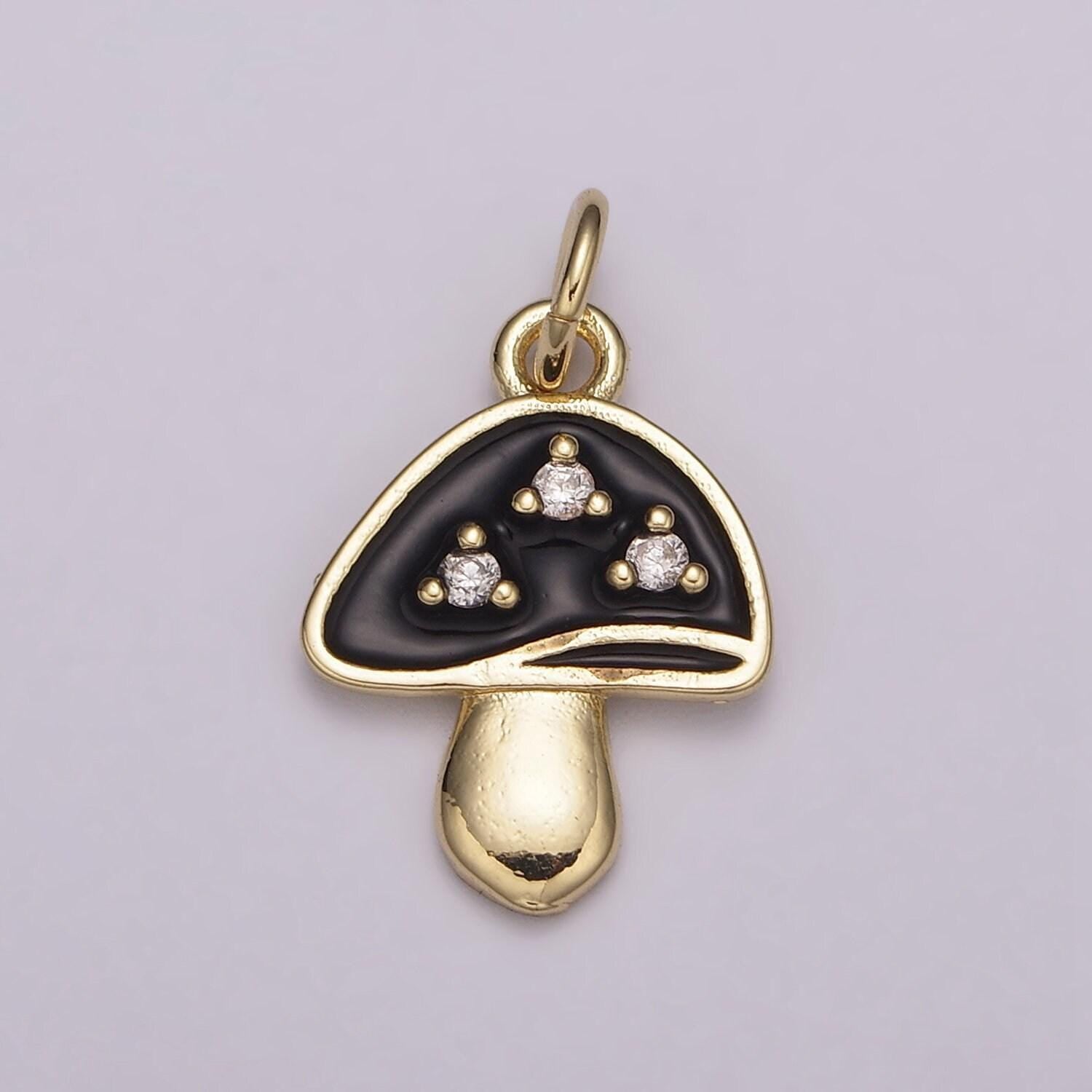 Dainty gold cz mushroom charms, 24k gold plated clear micro paved cz colorful enamel magic mushroom pendant | e-619~e-623