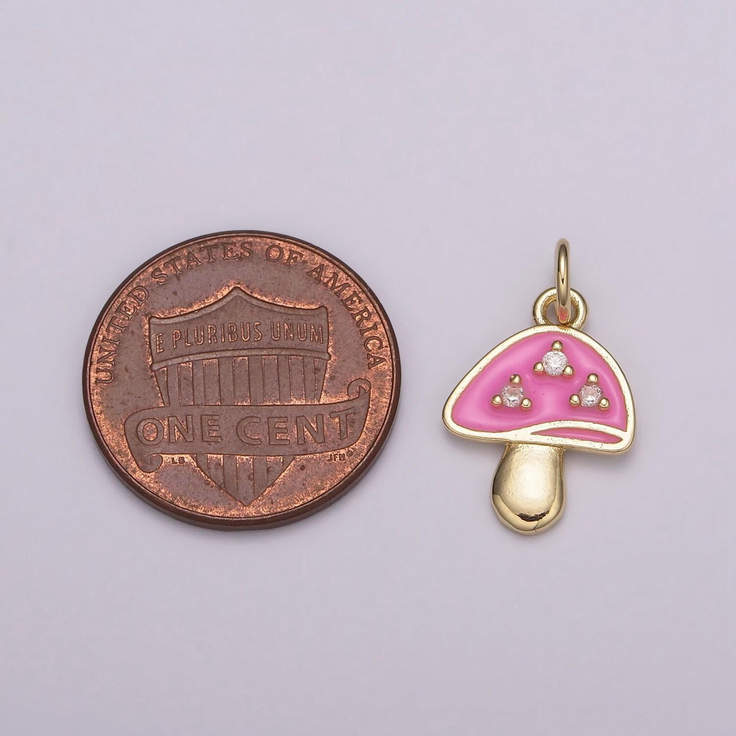 Dainty gold cz mushroom charms, 24k gold plated clear micro paved cz colorful enamel magic mushroom pendant | e-619~e-623