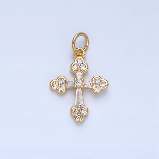 Baguette clear cz religious cross 24k gold filled charm | x-869