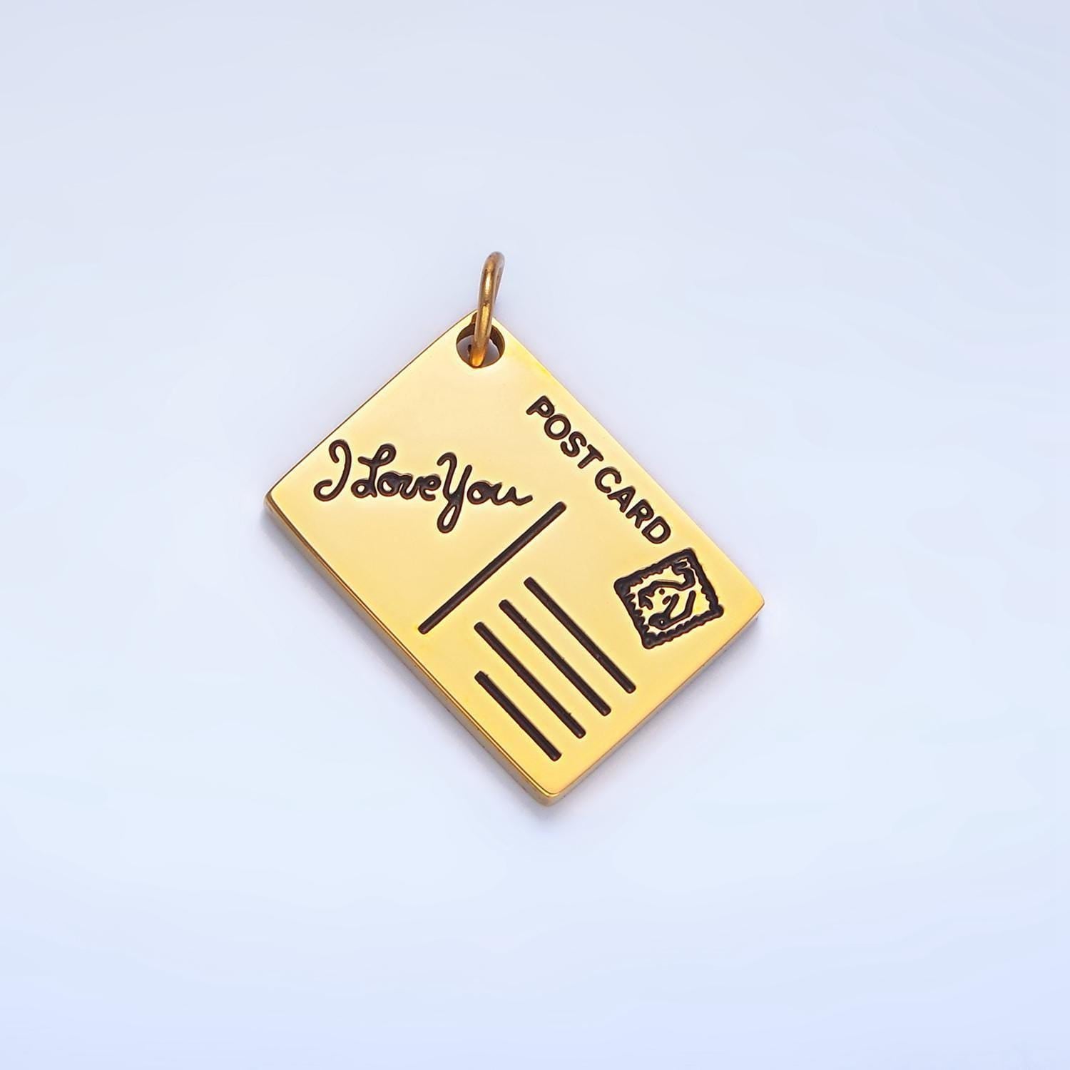 Scripted "i love you" post card black enamel out-line, stainless steel travel charm | p-1342