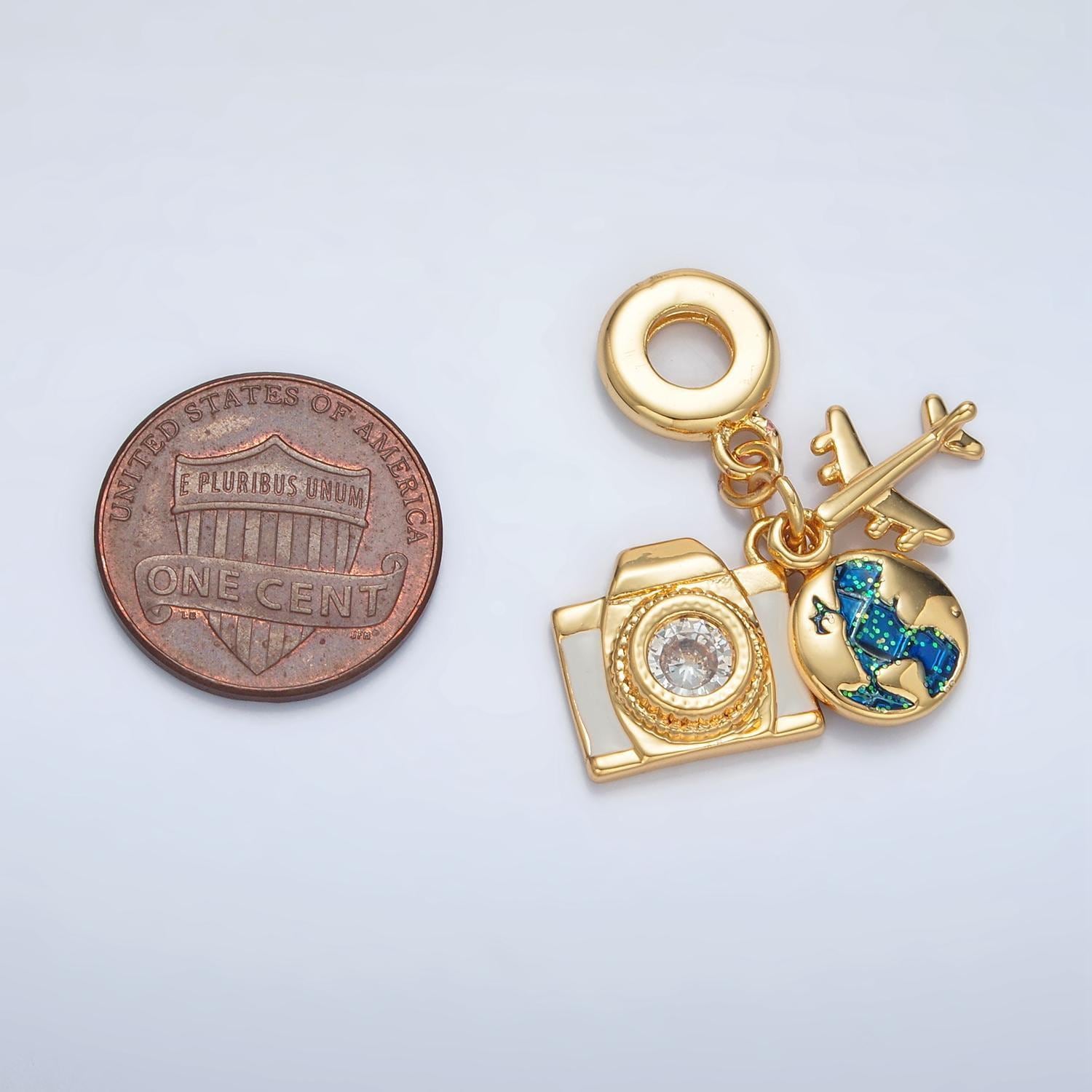 24k gold filled camera/earth/plane travel theme rondelle bail drop pendant | ac-083