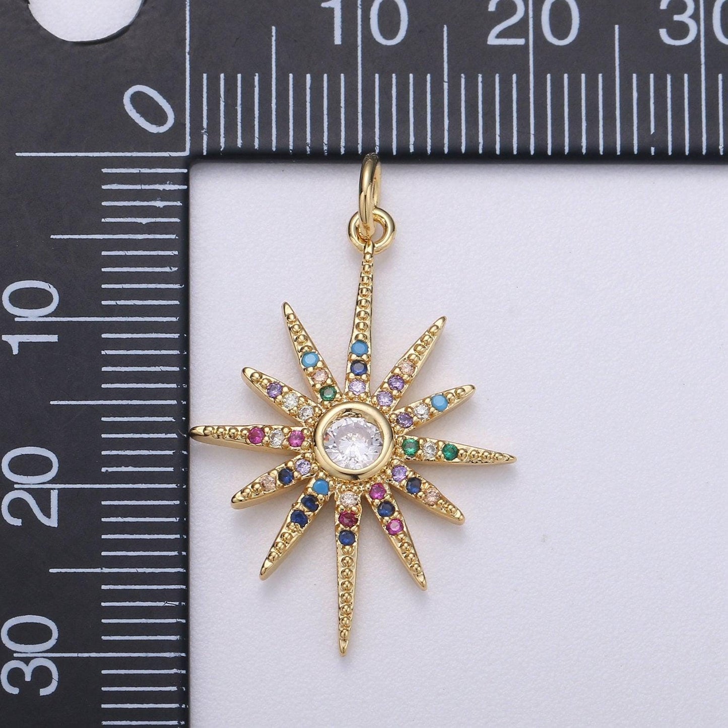 Gold starburst charm micro pave star charm, rainbow cubic charms, cz gold celestial charm, dainty minimalist jewelry supply, c-469