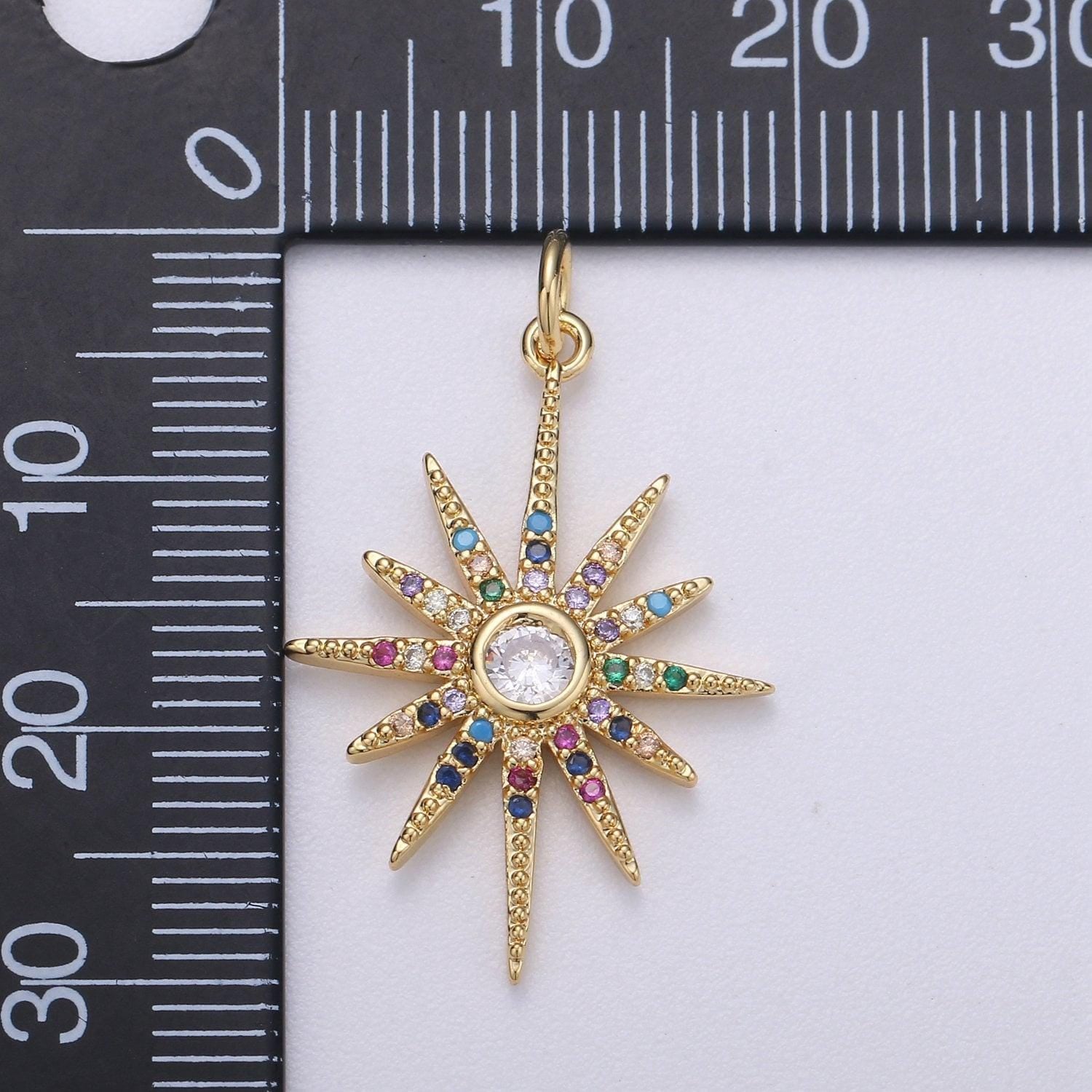 Gold starburst charm micro pave star charm, rainbow cubic charms, cz gold celestial charm, dainty minimalist jewelry supply, c-469