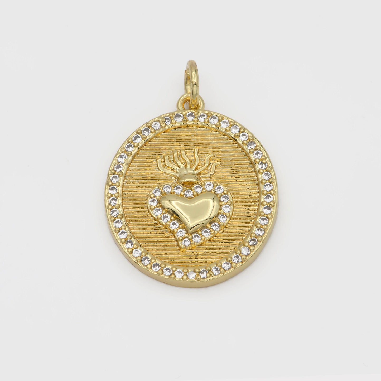 Round sacred heart, milagro heart charm necklace, medallion gold heart pendant, catholic religious jewelry making supply
