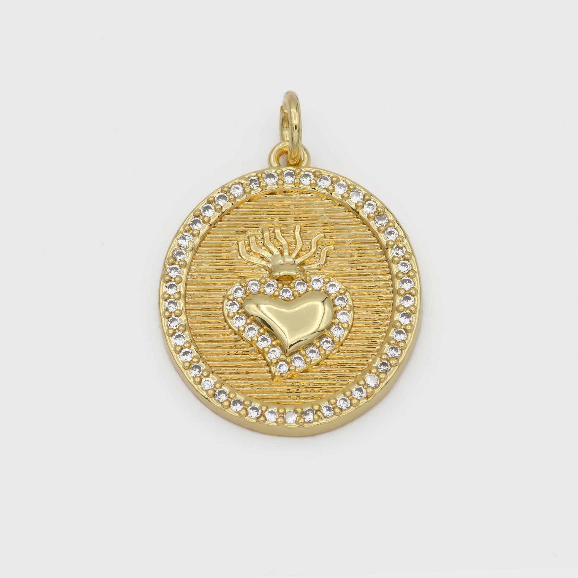 Round sacred heart, milagro heart charm necklace, medallion gold heart pendant, catholic religious jewelry making supply