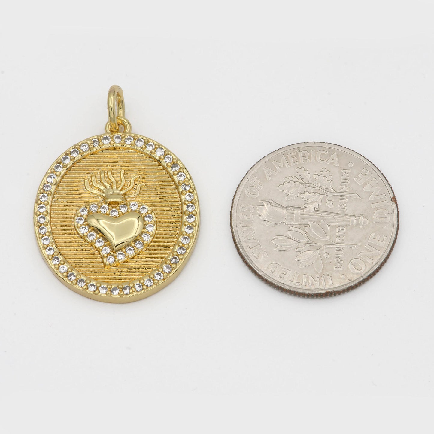 Round sacred heart, milagro heart charm necklace, medallion gold heart pendant, catholic religious jewelry making supply