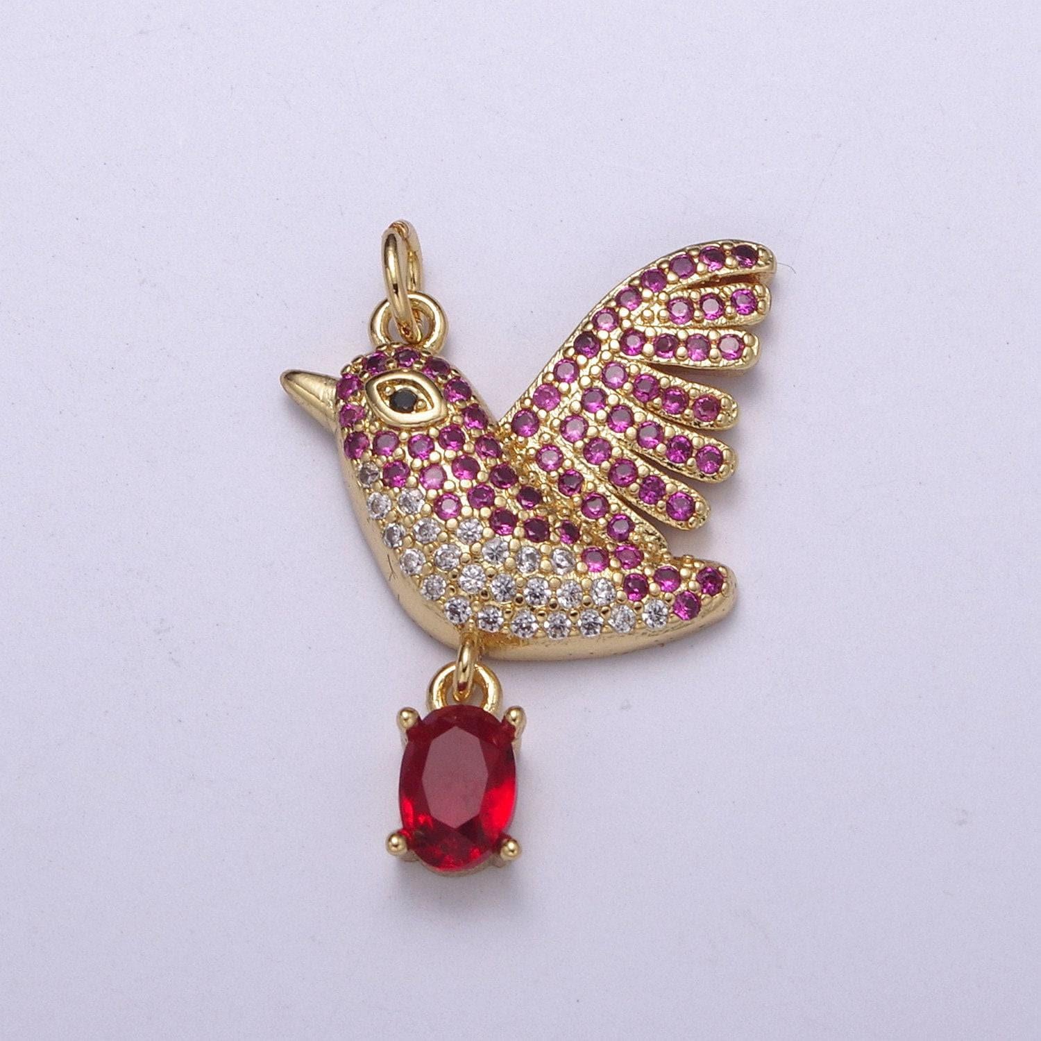 Red micro pave gold starling charm 24k gold filled love bird pendant 28.9mm x 20.7mm red cz gold jewelry for necklace earring | c-203