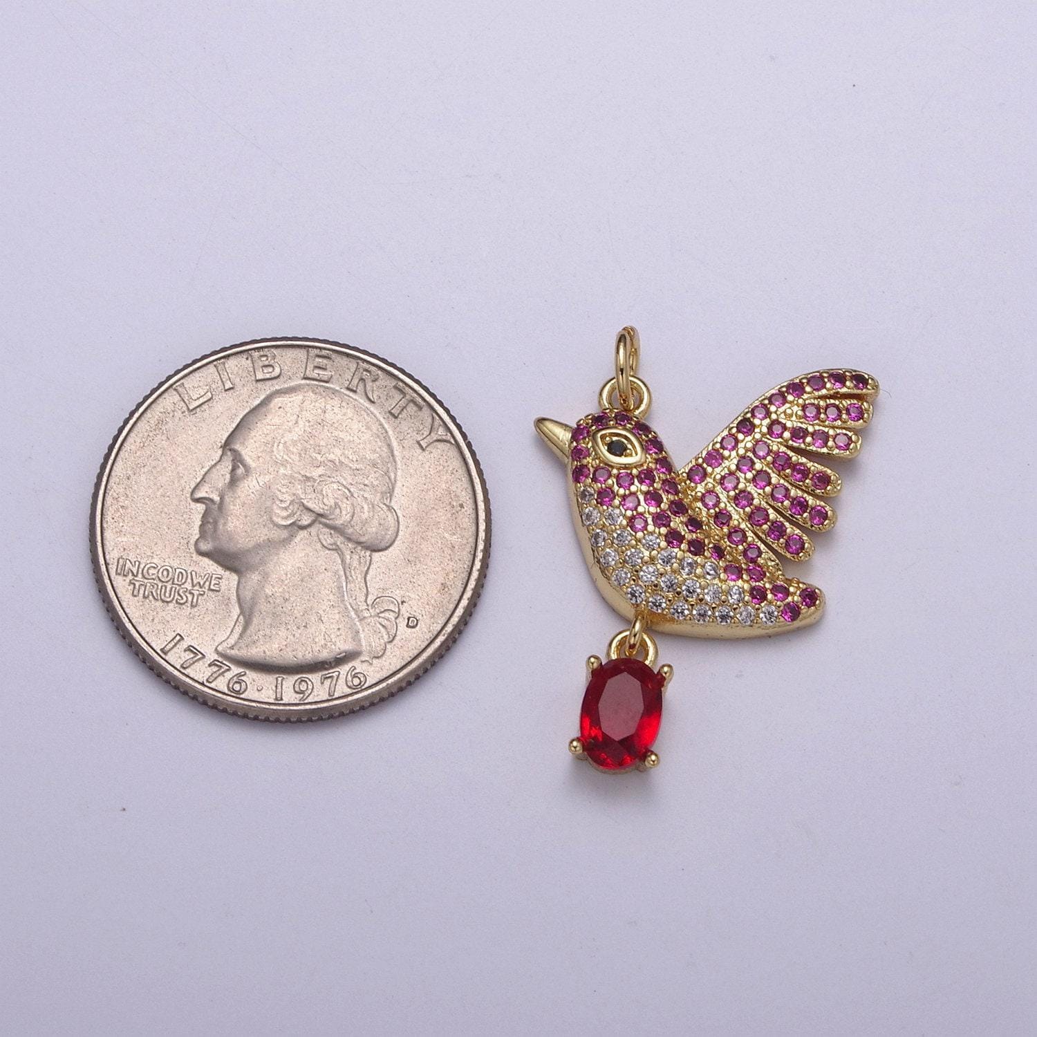 Red micro pave gold starling charm 24k gold filled love bird pendant 28.9mm x 20.7mm red cz gold jewelry for necklace earring | c-203