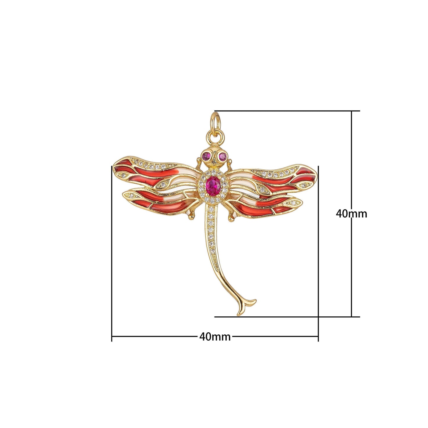 Red dragonfly pendant - large dragon fly charm- cubic animal pendant - gold dragon fly pendant for necklace earring supply