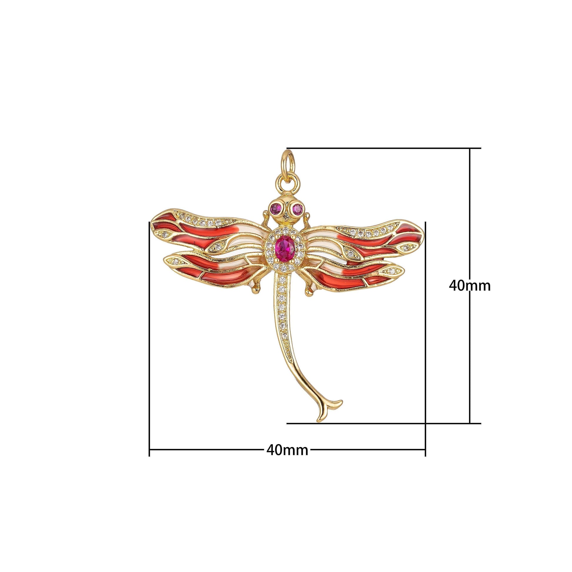 Red dragonfly pendant - large dragon fly charm- cubic animal pendant - gold dragon fly pendant for necklace earring supply