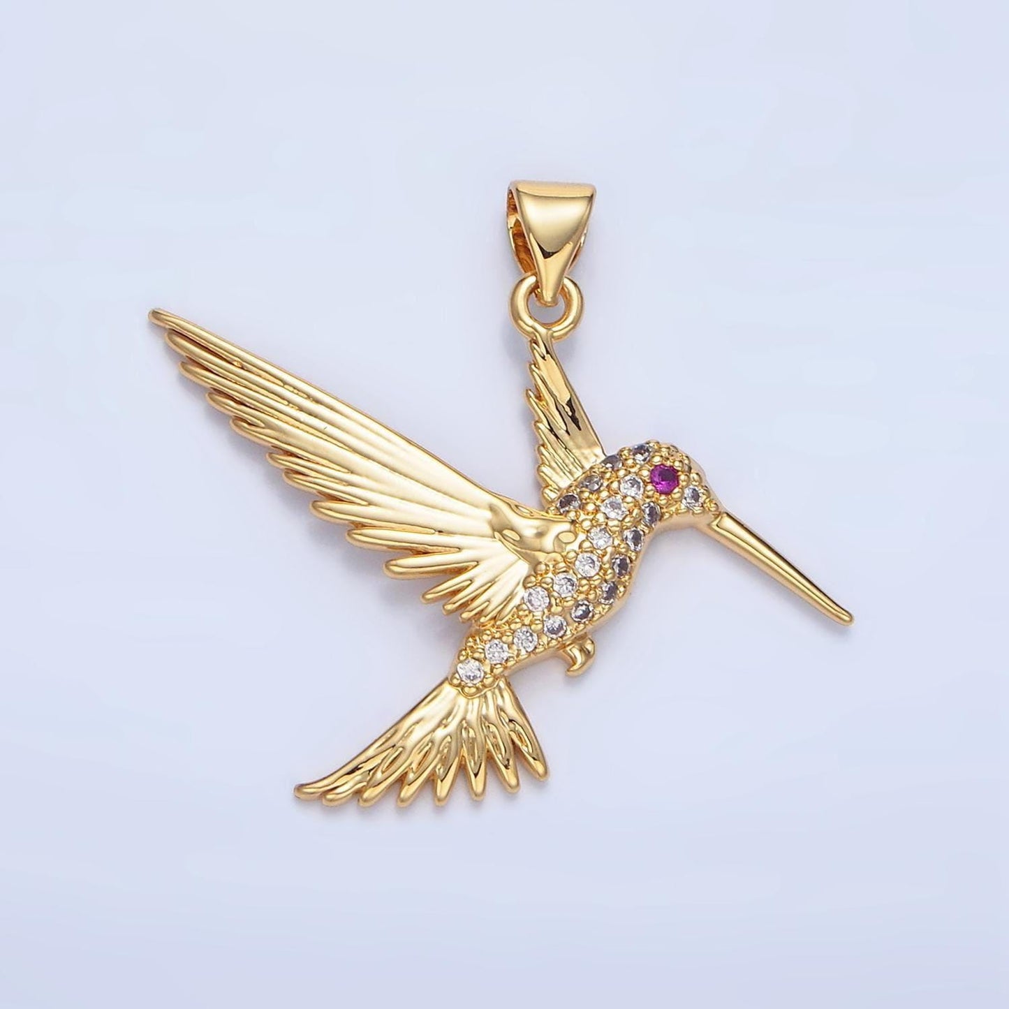 Micro paved cz fuchsia eye hummingbird gold filled animal charm | aa-782