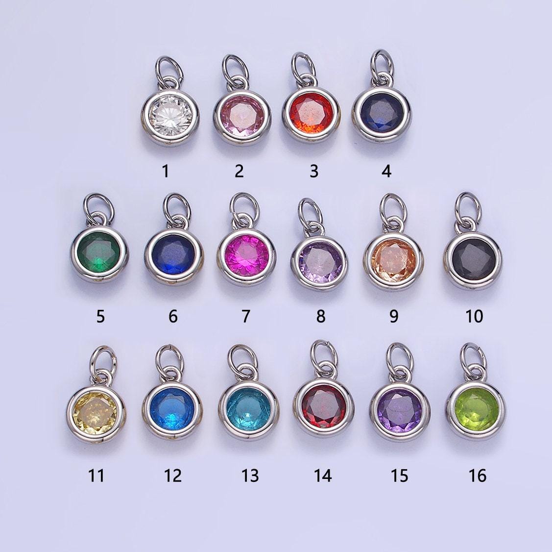 Round 26.6mm cz birthstone silver bezel charms | ag796-ag811