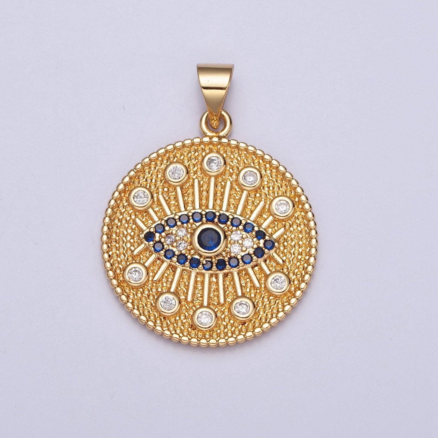 24k gold micro pave round coin blue cz evil eye pendant, greek eye micro pave cz charm for diy jewelry | h-688